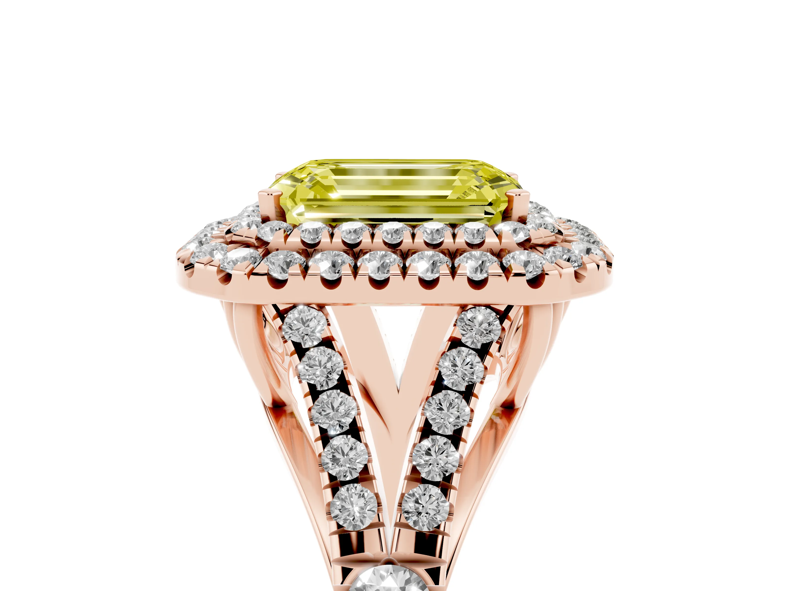 Fancy Yellow Emerald Cut Diamond Pavé Split Shank Double Halo Engagement Ring Set in Rose gold