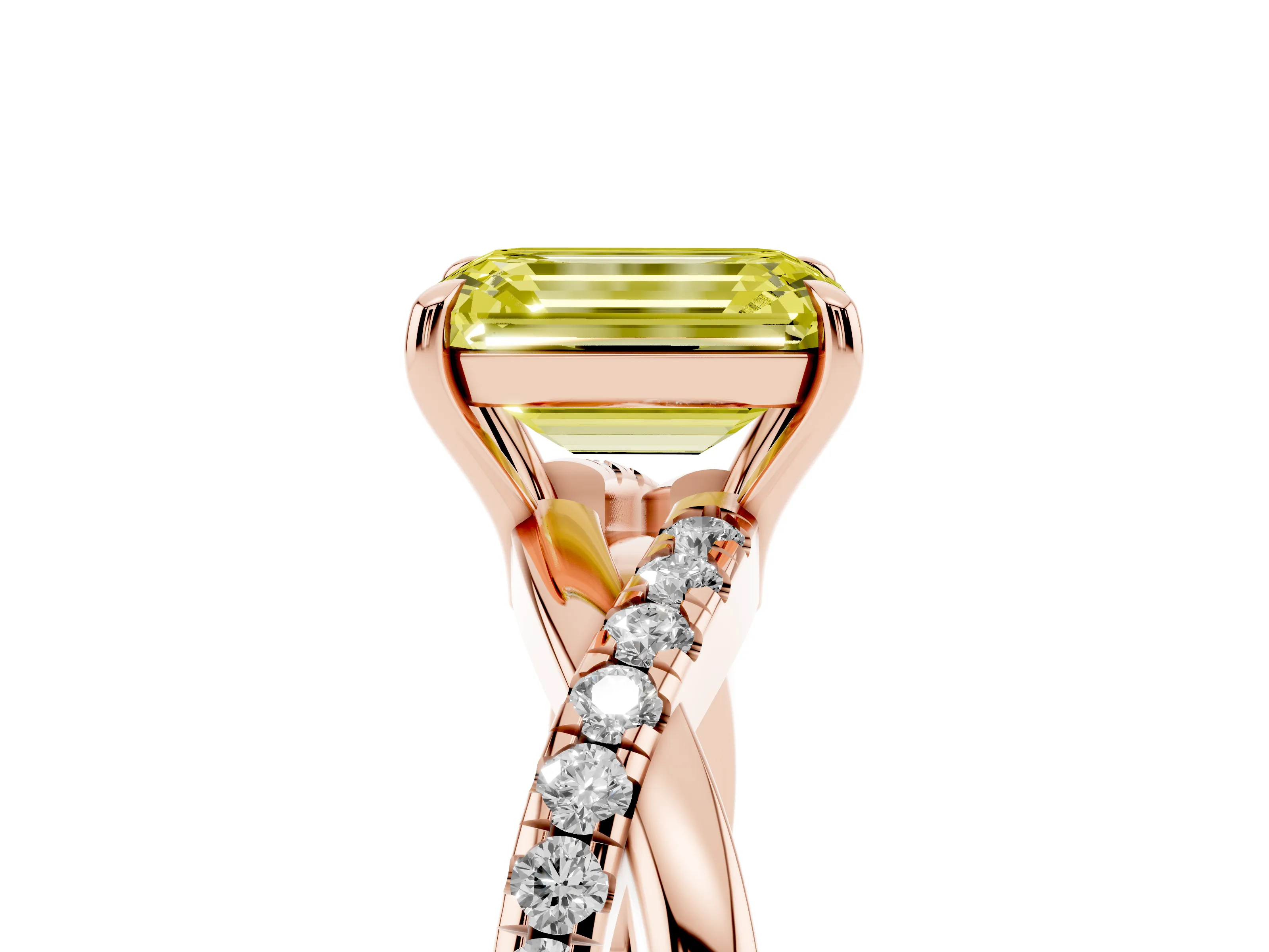 Fancy Yellow Emerald Cut Diamond Twisted Pavé Band Ring Set in Rose gold with Prong Setting