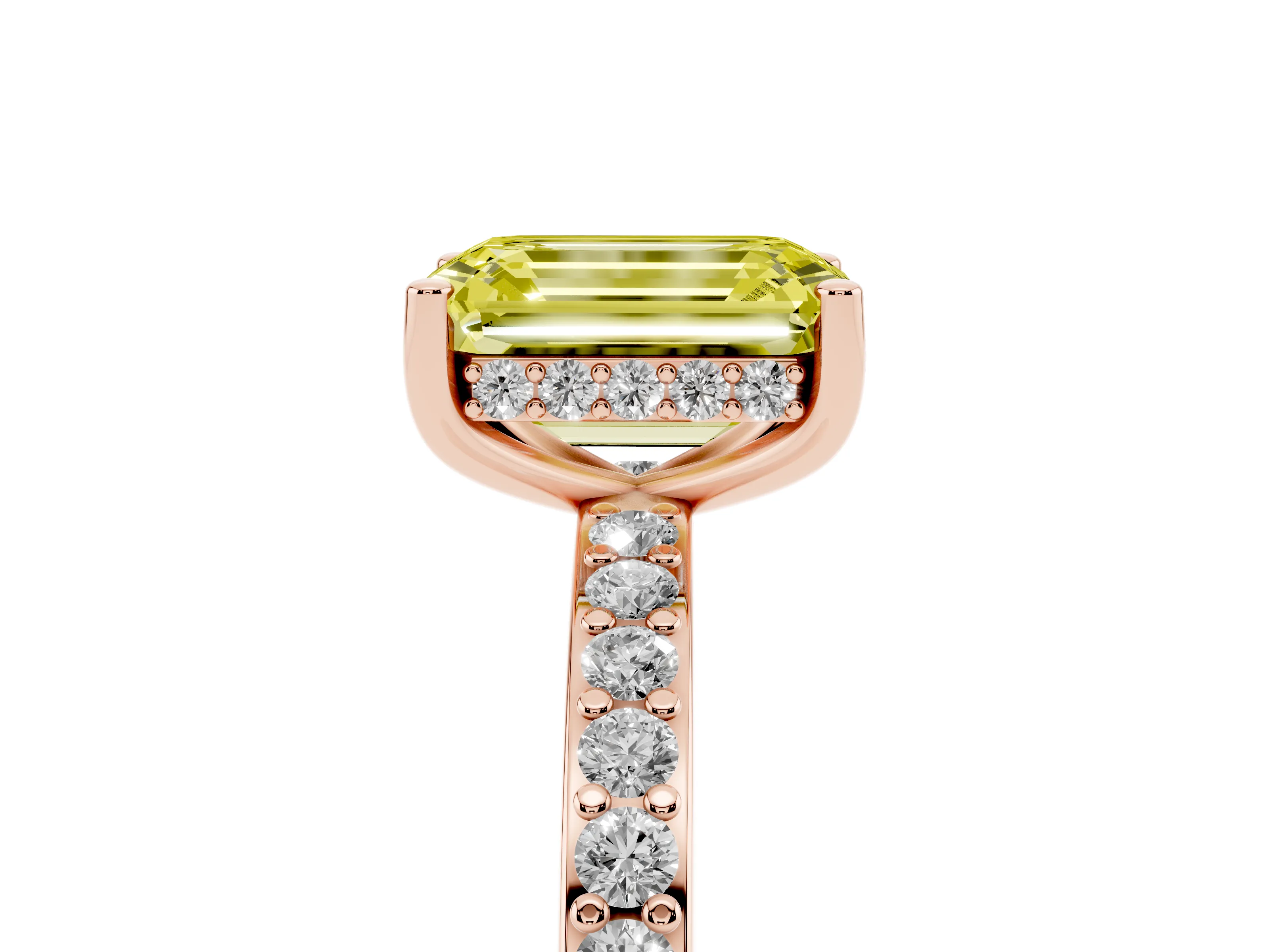 Fancy Yellow Emerald Cut Diamond Pavé Band Ring Set in Rose gold with Prong-Set Center Stone