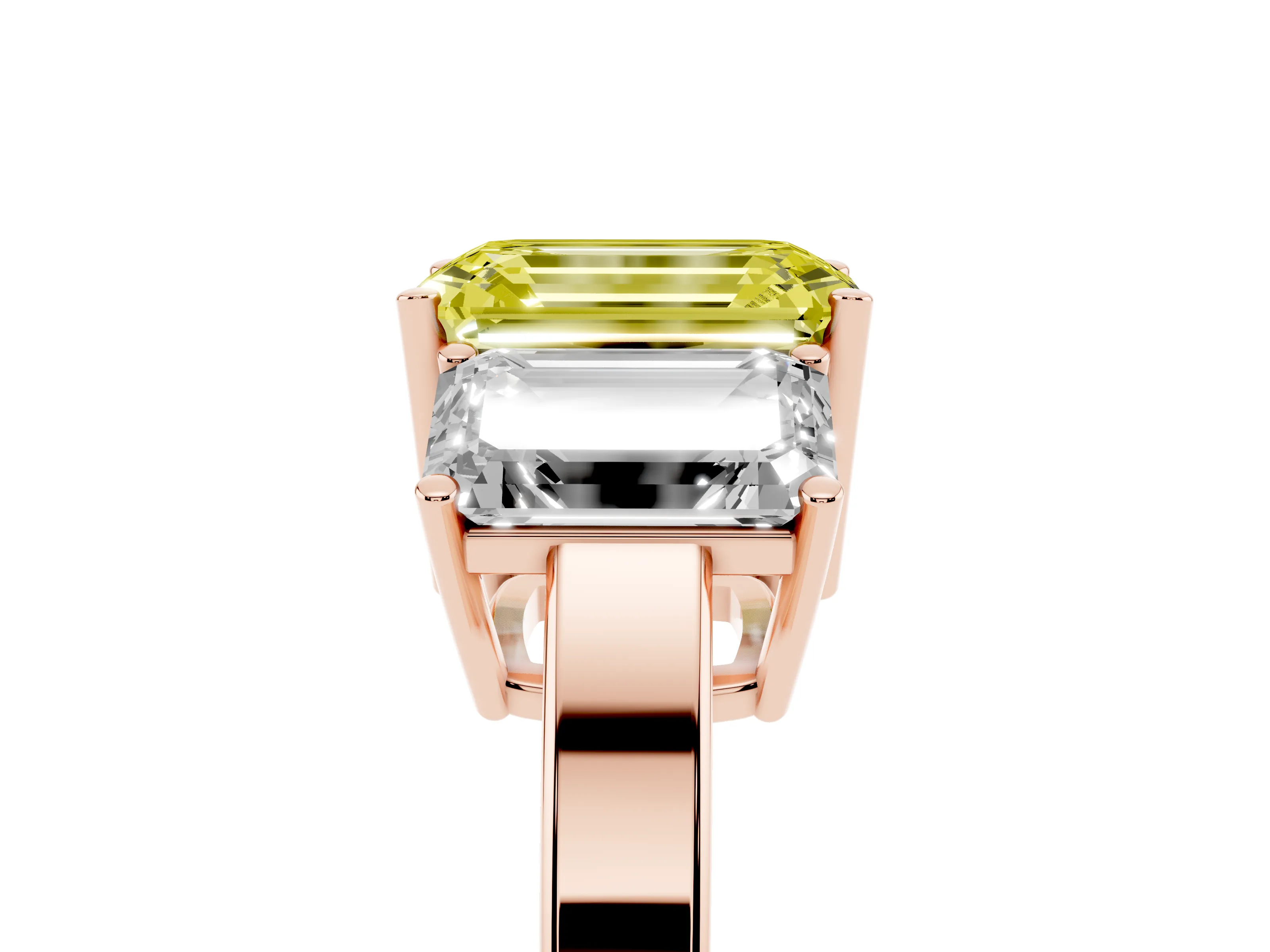 Fancy Yellow Emerald Cut Diamond Three-Stone Engagement Ring Set in Rose gold with Flat Band