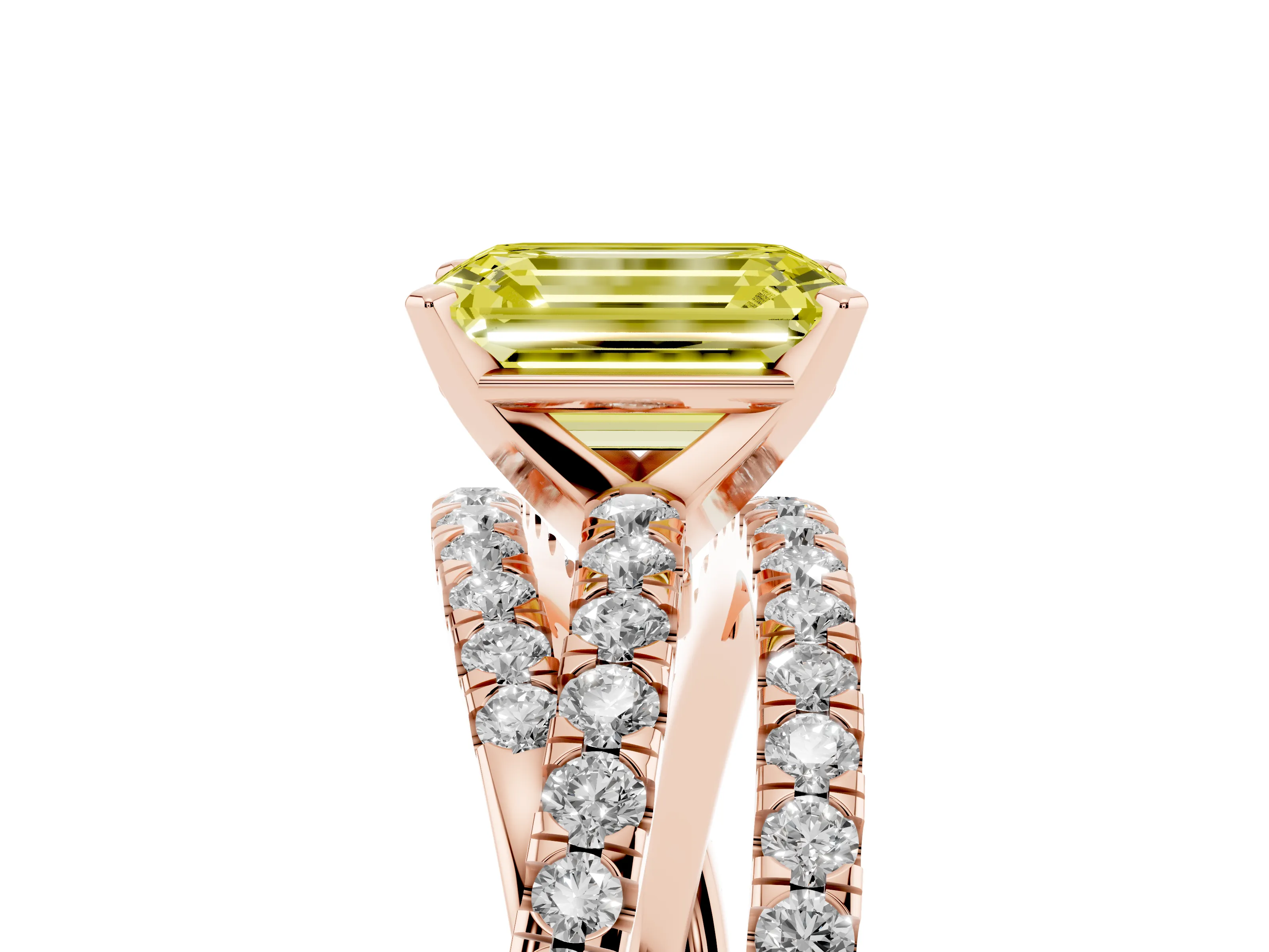 Fancy Yellow Emerald Cut Diamond Solitaire Twist Band Ring Set in Rose gold with Pavé Setting and Prong Head