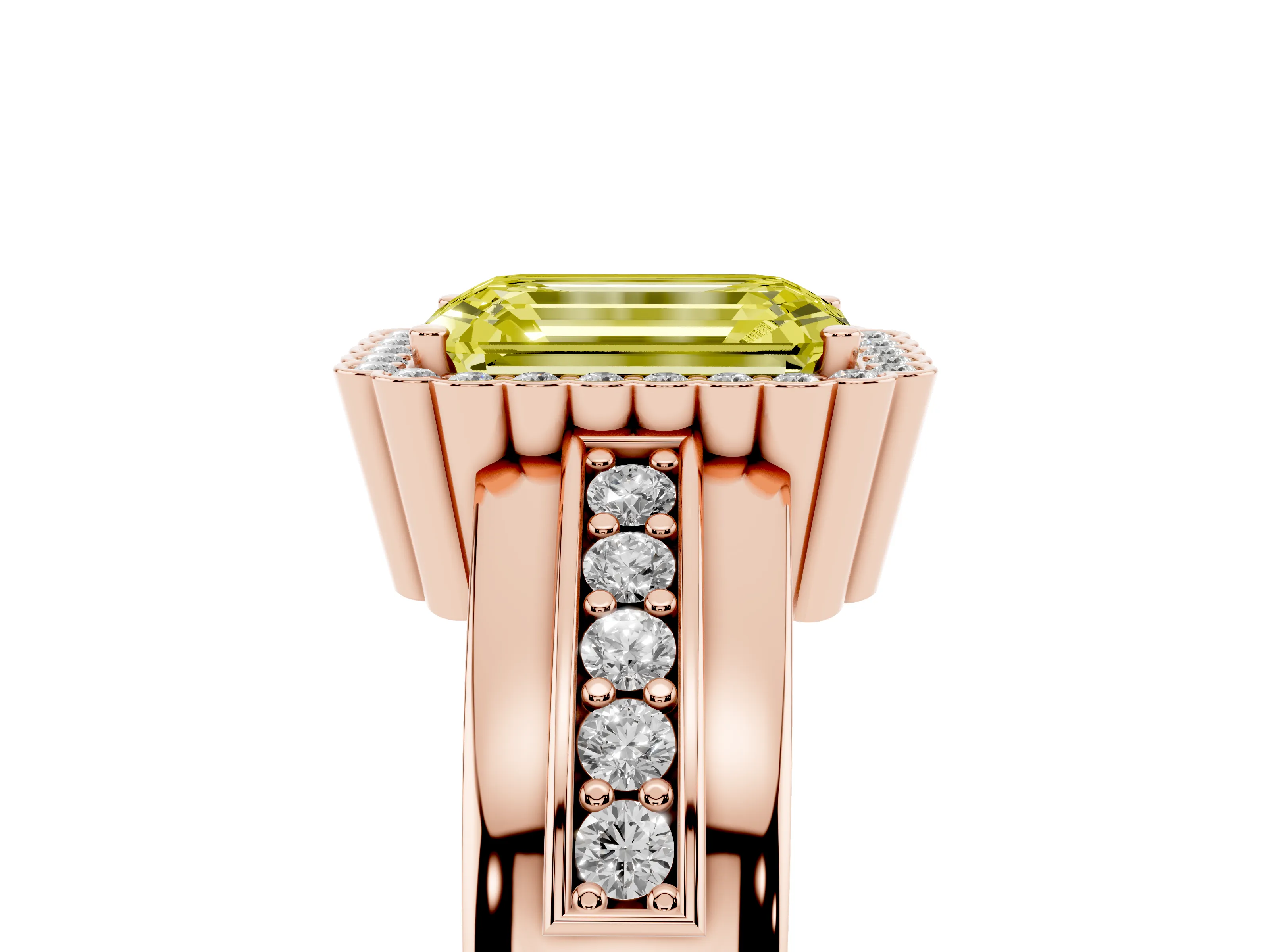 Fancy Yellow Emerald Cut Diamond Halo Prong Ring Set in Rose gold with Pavé Band