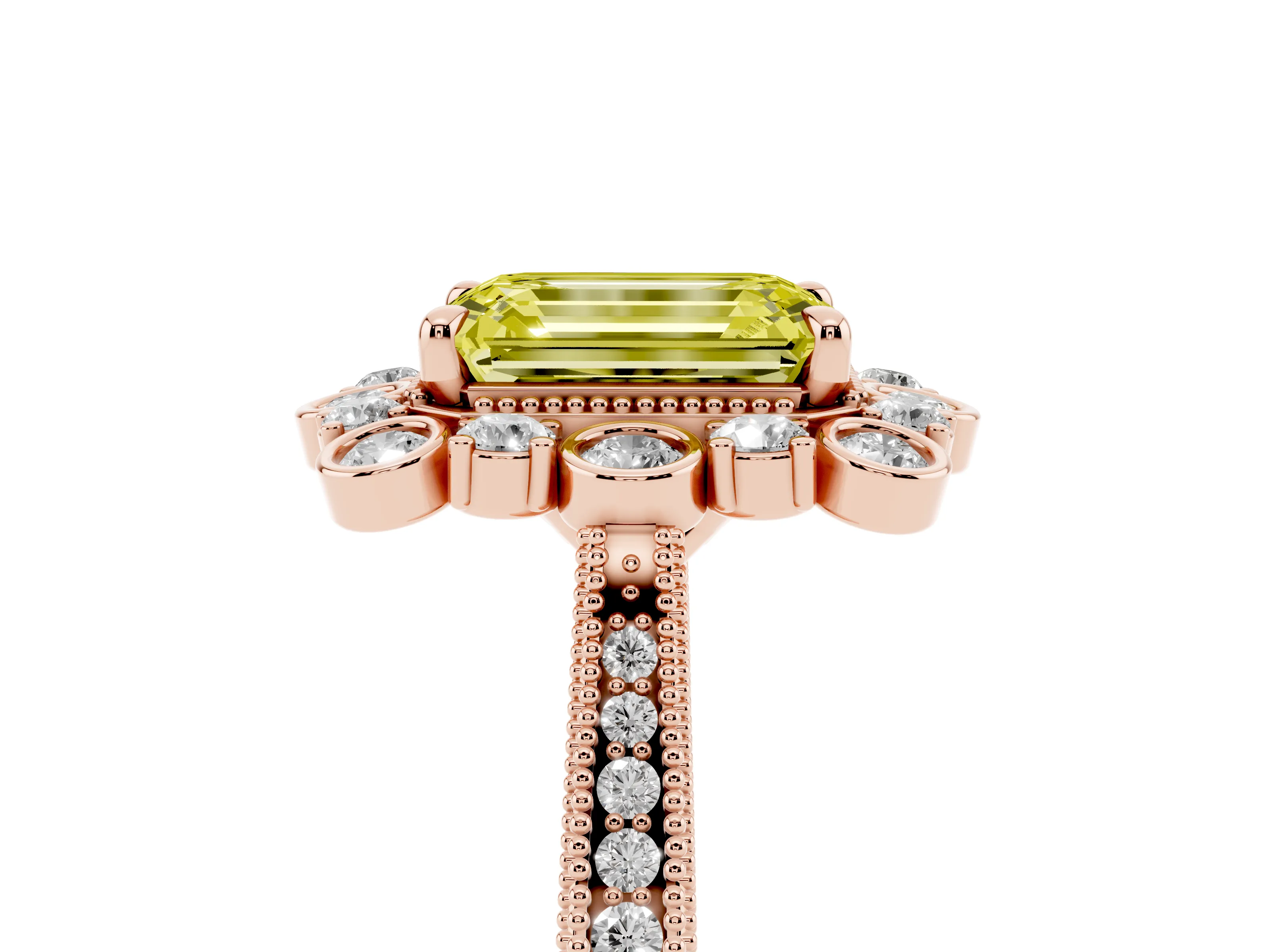 Fancy Yellow Emerald Cut Diamond Halo Milgrain Pavé Ring Set in Rose gold with Prong Setting