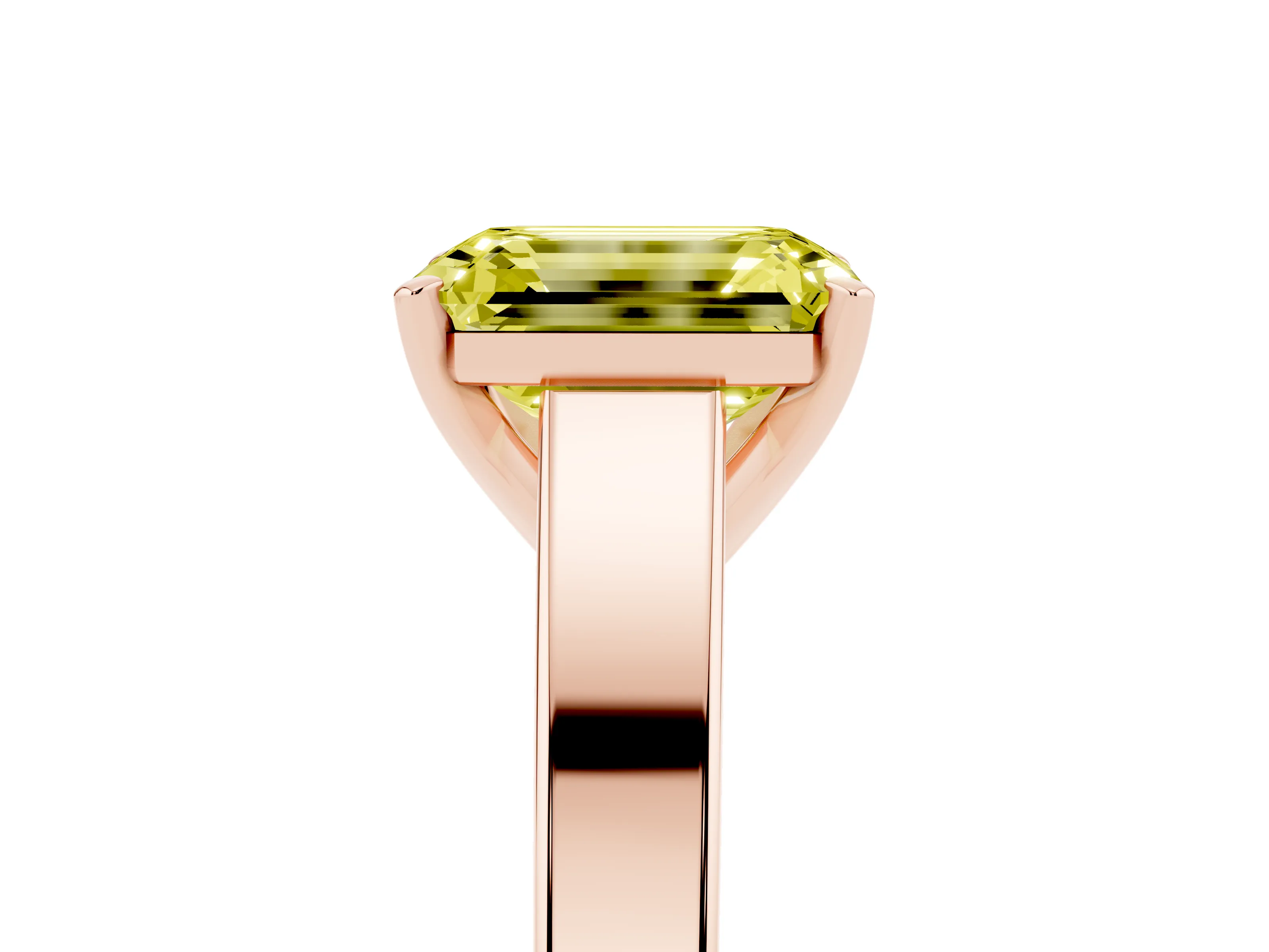 Fancy Yellow Emerald Cut Diamond Solitaire Engagement Ring Set in Rose gold with Prong Setting and Tapered Band