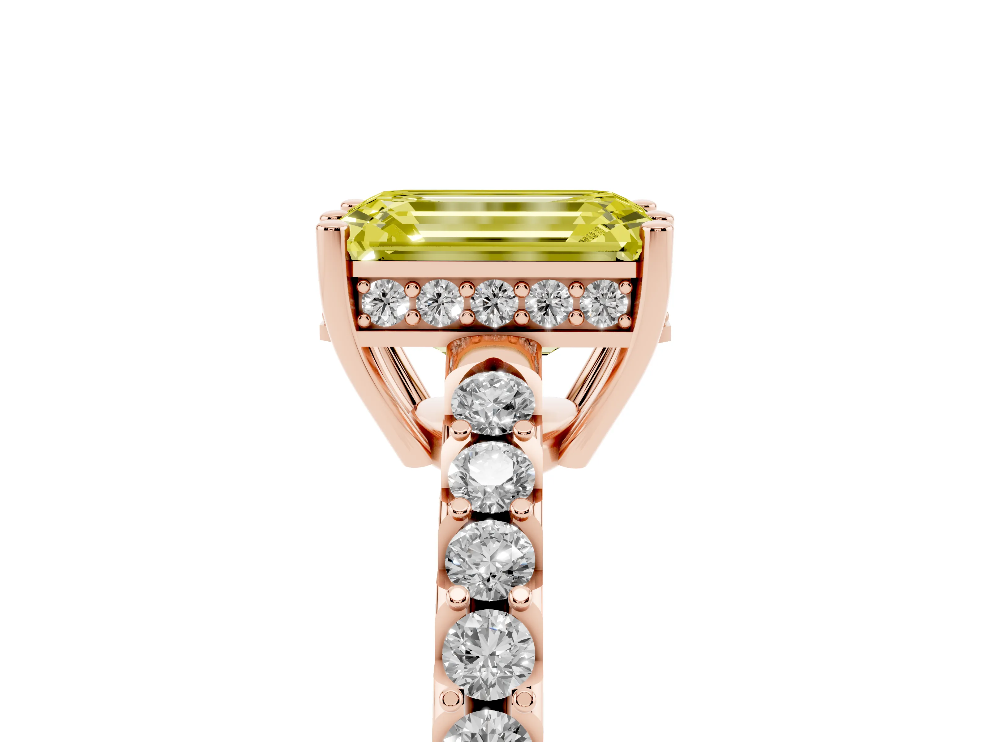 Fancy Yellow Emerald Cut Diamond Solitaire Engagement Ring Set in Rose gold with Pavé Band and Prong Setting