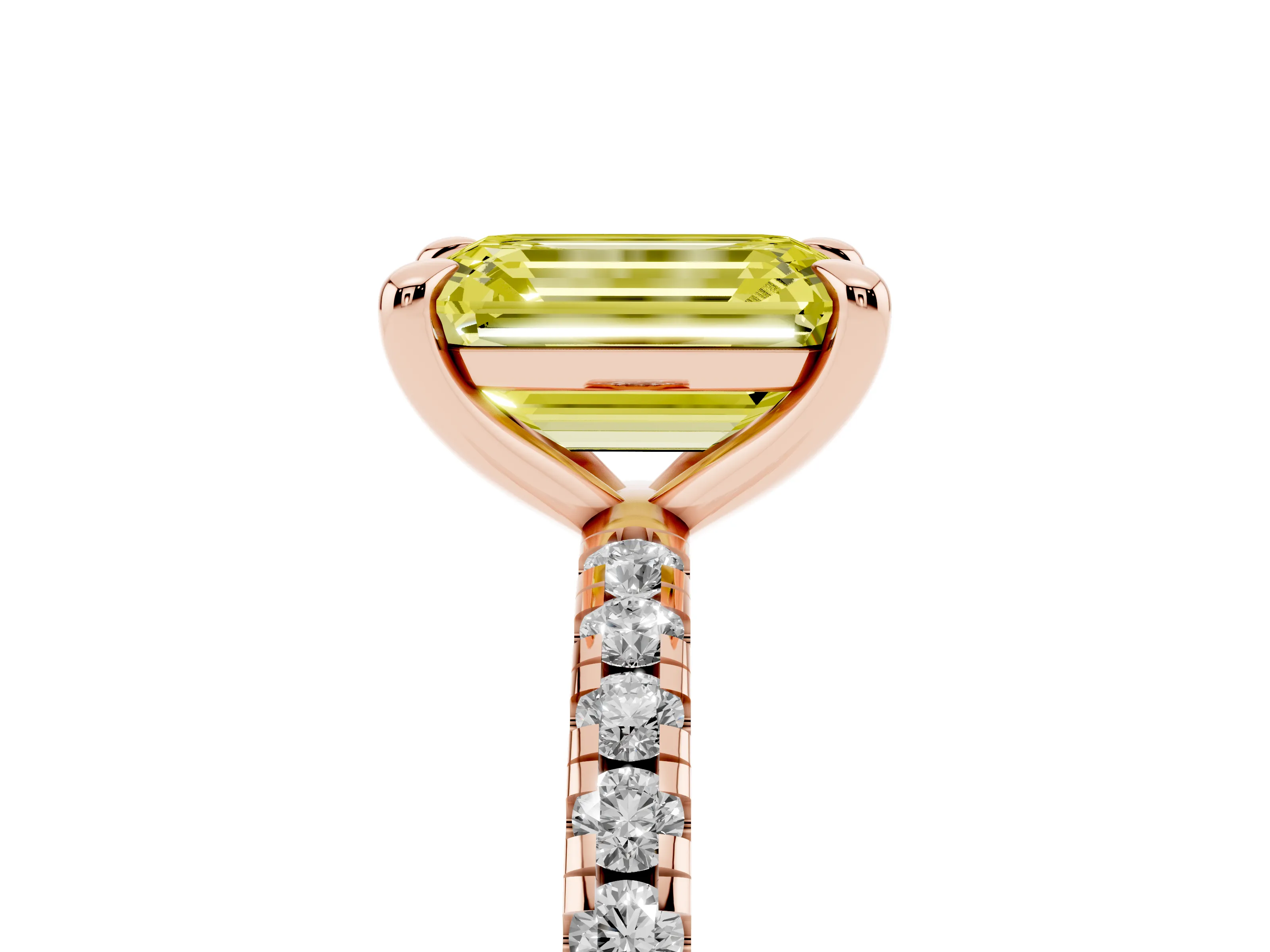 Fancy Yellow Emerald Cut Diamond Brilliant Solitaire Ring Set in Rose gold with Pavé Band and Prong Setting