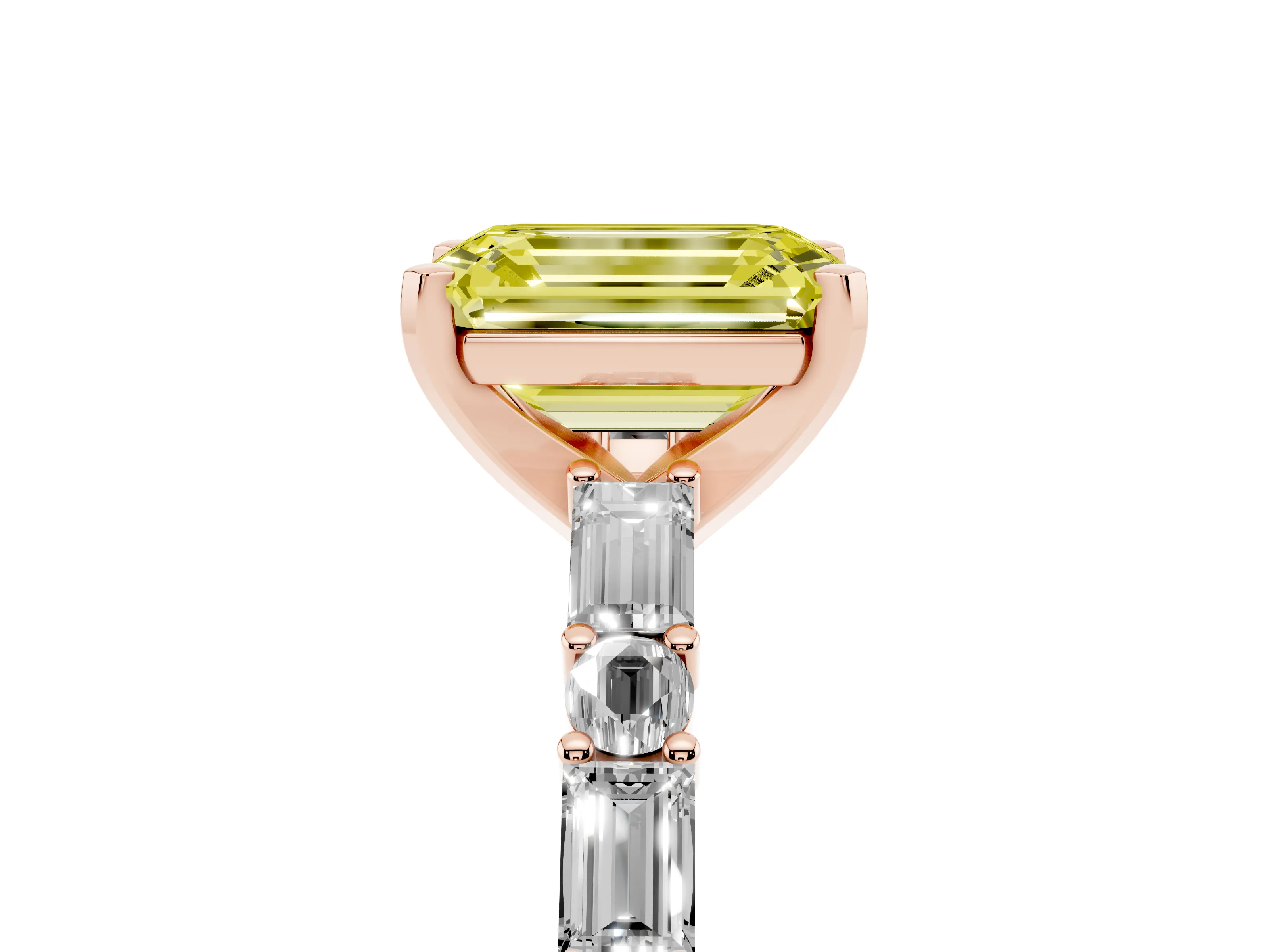 Fancy Yellow Emerald Cut Diamond Solitaire Set in Rose gold with Side Baguettes and Channel Set Band
