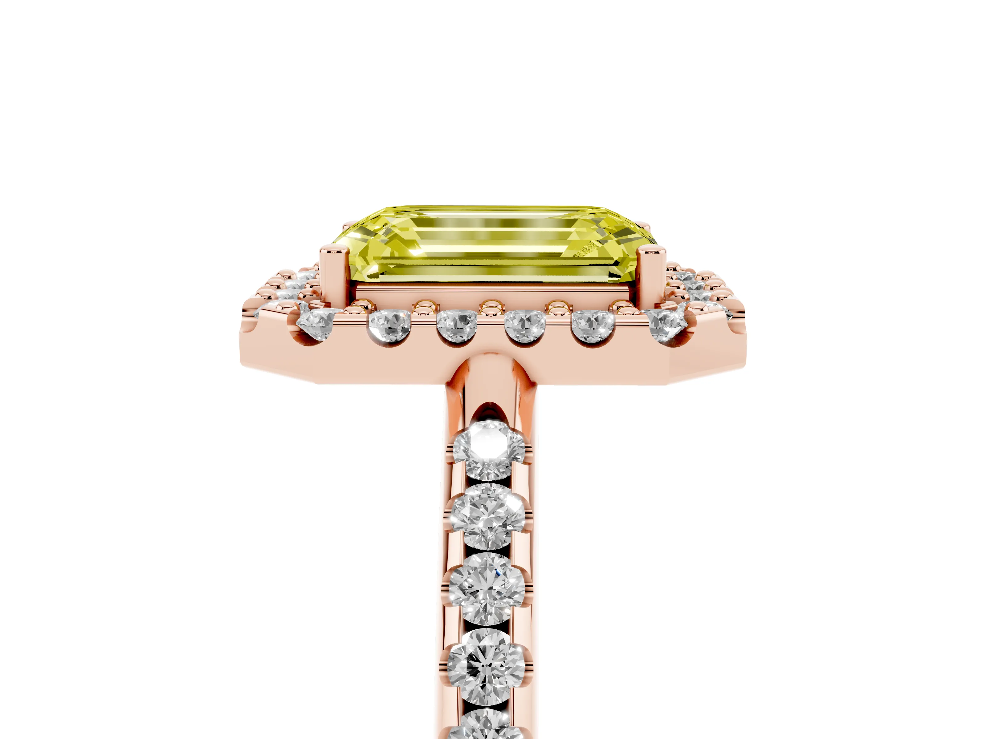 Fancy Yellow Emerald Cut Diamond Pavé Halo Ring Set in Rose gold with Prong Setting