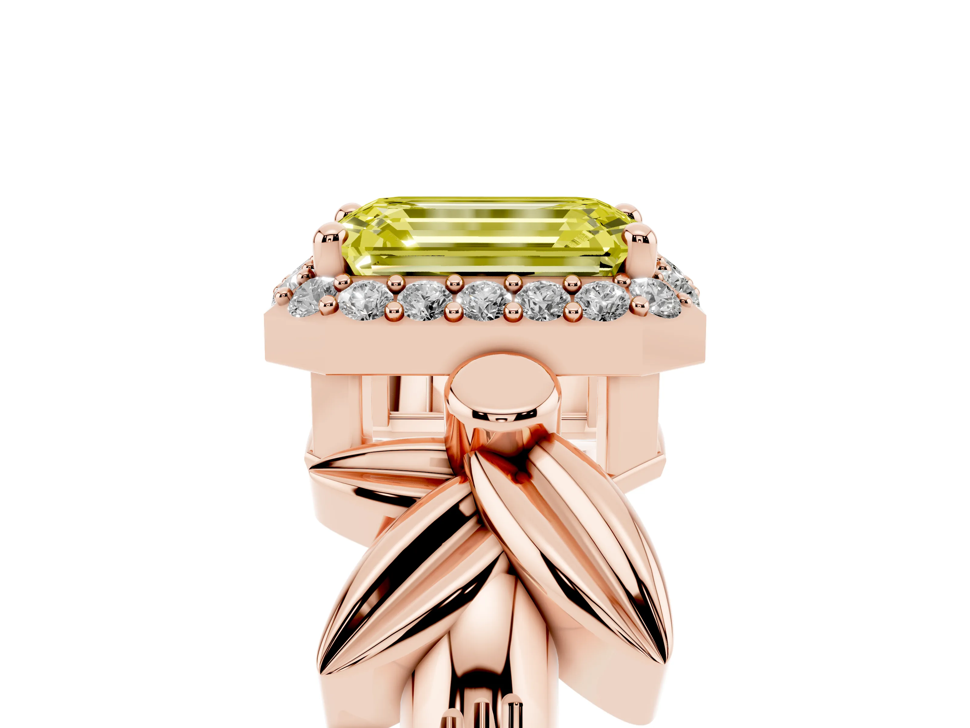Fancy Yellow Emerald Cut Diamond Halo Floral Band Ring Set in Rose gold with Prong Setting