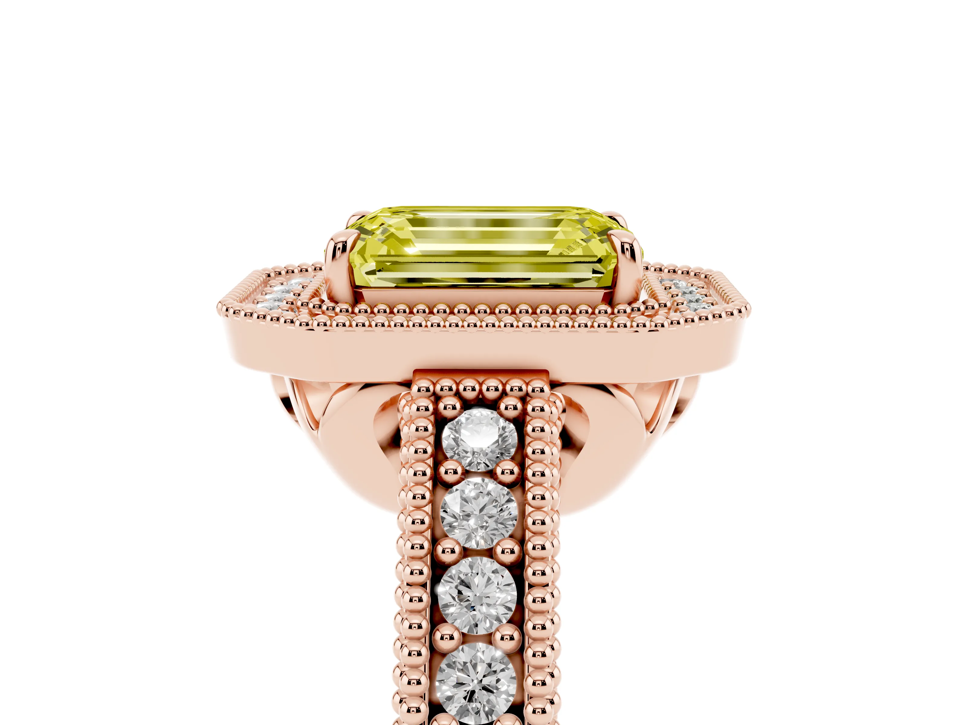 Fancy Yellow Emerald Cut Diamond Halo Ring Set in Rose gold with Round Accent Halo, Pavé Band and Prong Setting