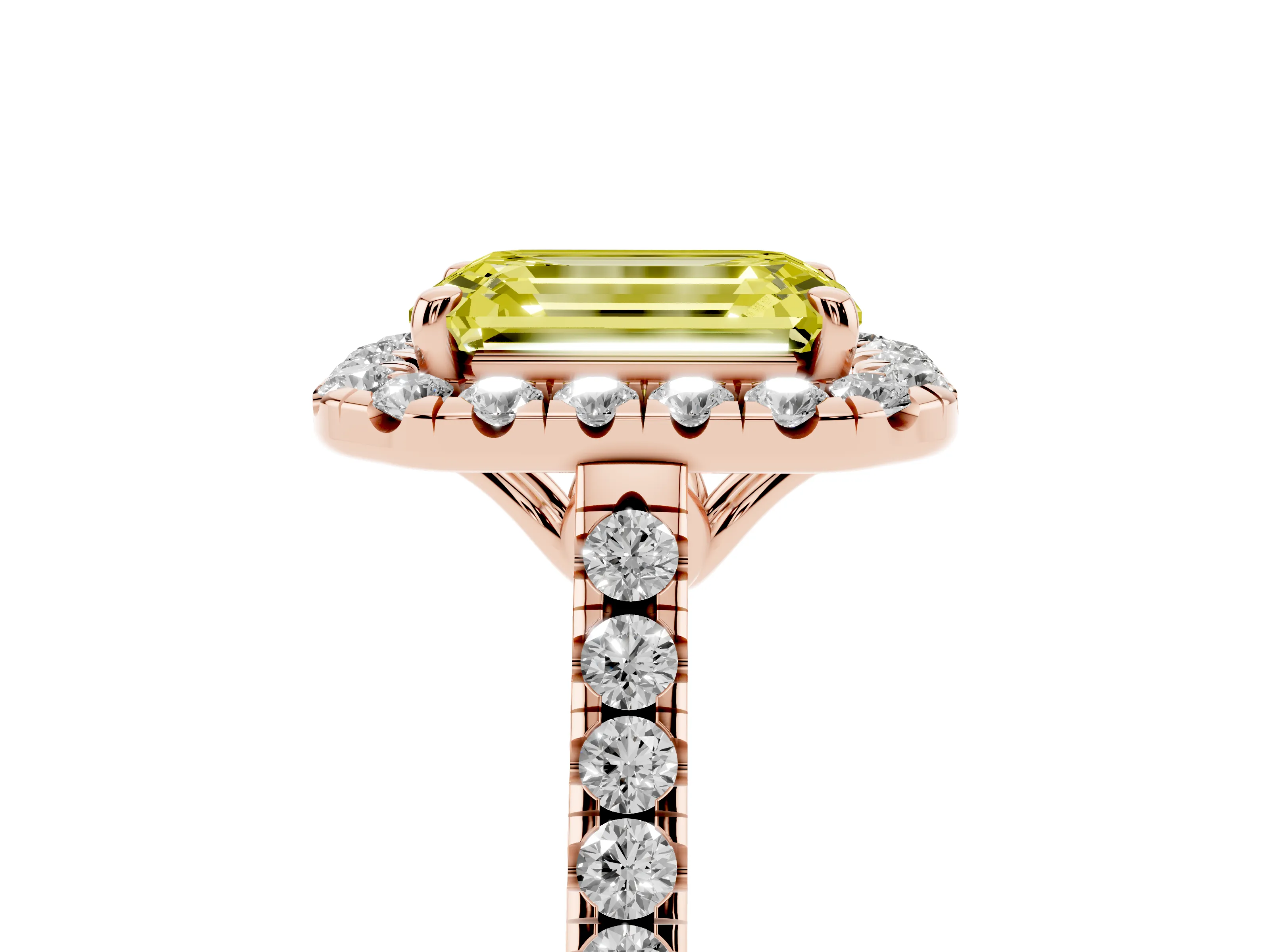 Fancy Yellow Emerald Cut Diamond Pavé Halo Engagement Ring Set in Rose gold with Pavé Band and Prong Setting