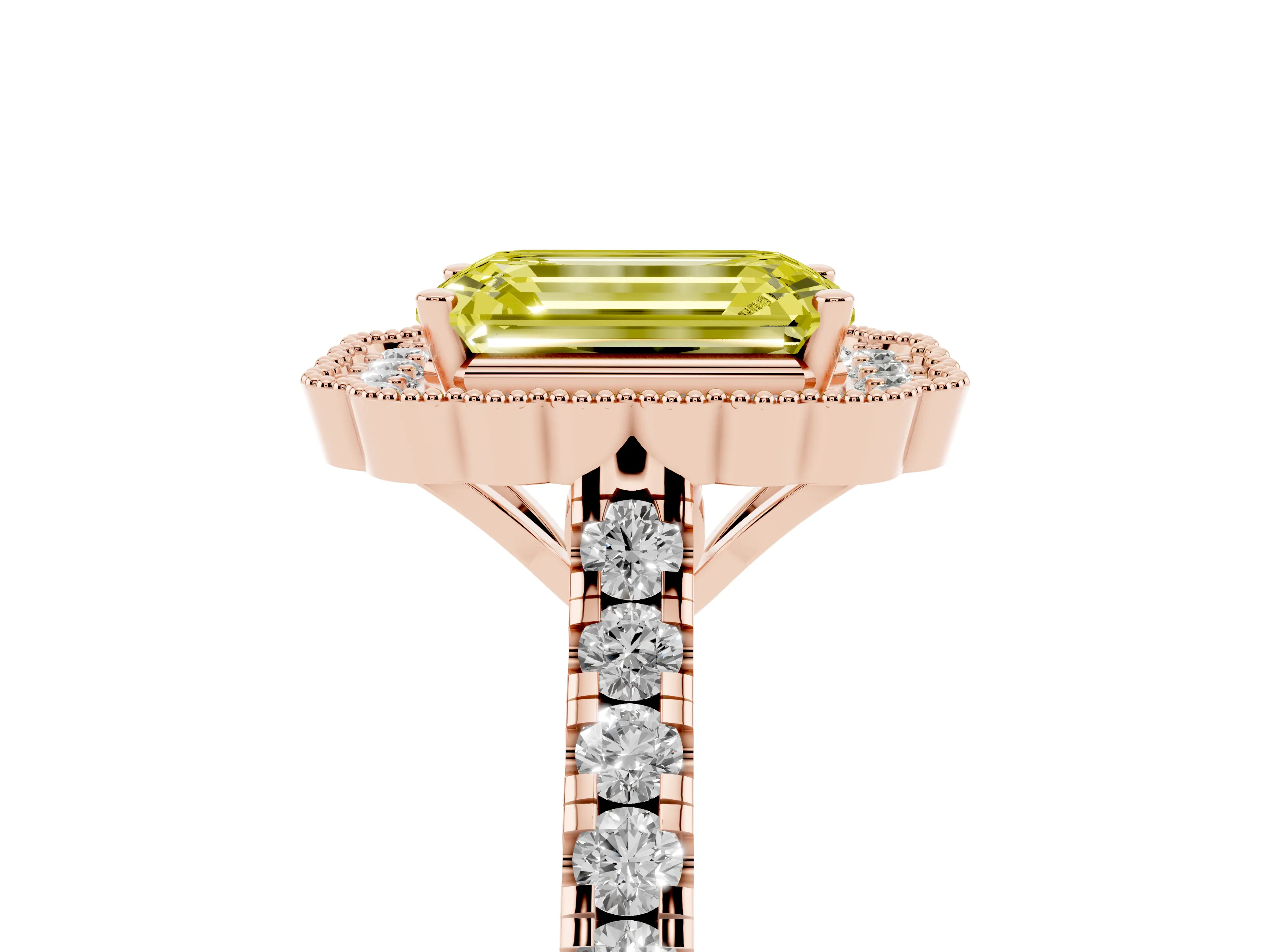 Fancy Yellow Emerald Cut Diamond Milgrain Floral Halo Engagement Ring Set in Rose gold with Pavé Band