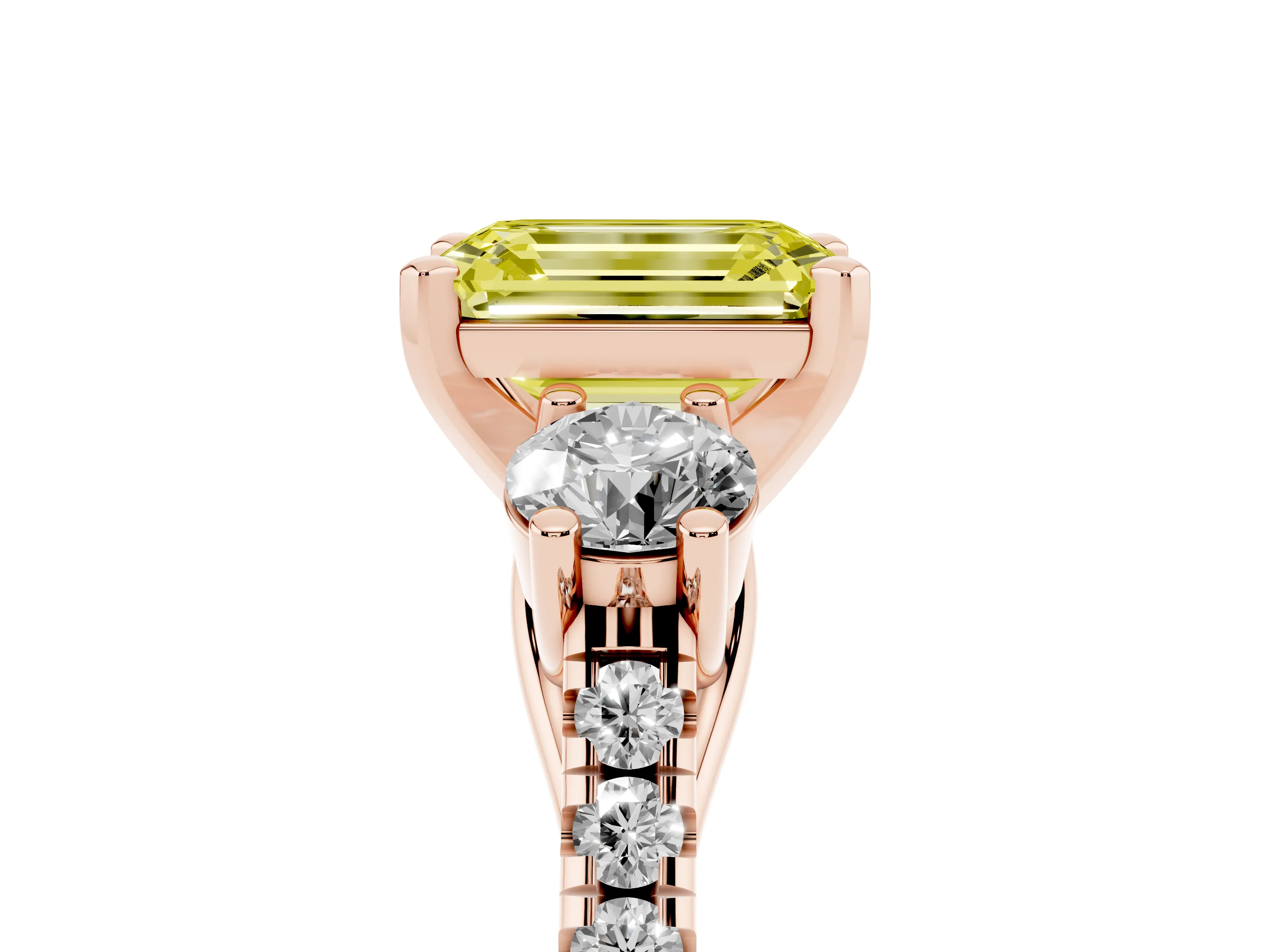 Fancy Yellow Three-Stone Emerald Cut Diamond Pavé Band Ring Set in Rose gold with Prong-Set Trio