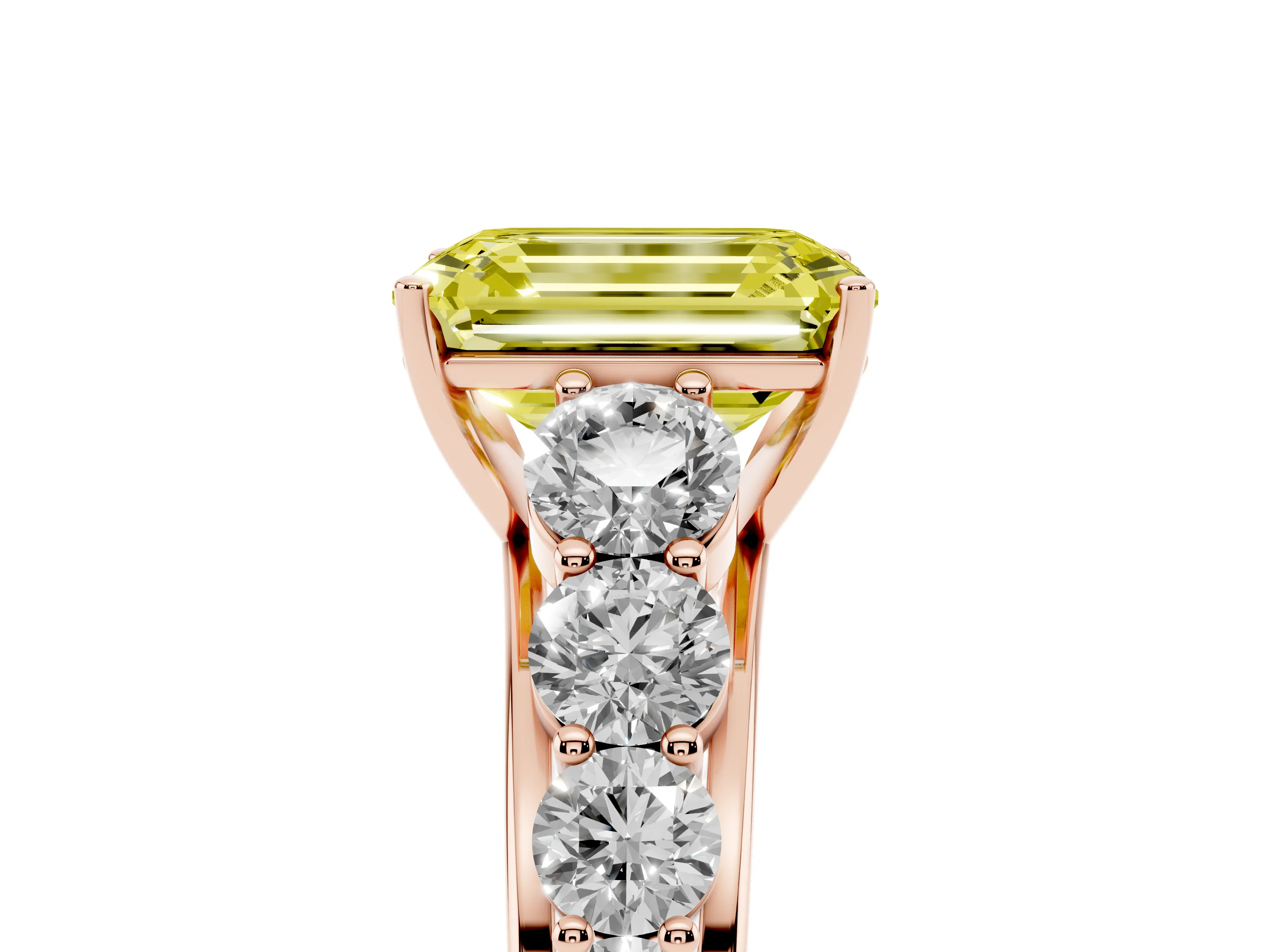 Fancy Yellow Emerald Cut Diamond Solitaire Ring Set in Rose gold with Pavé-Set Band and Prong Setting