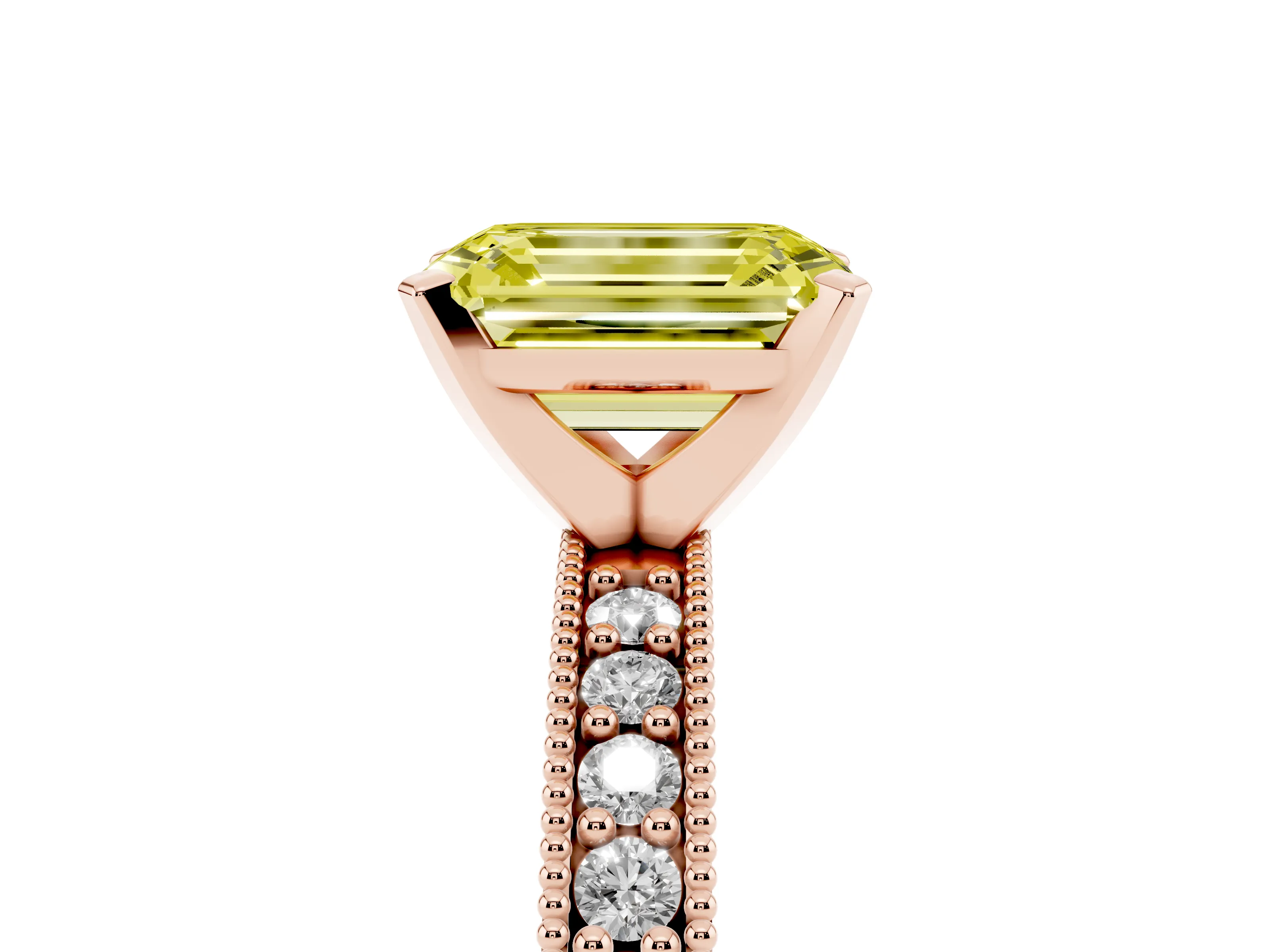 Fancy Yellow Emerald Cut Diamond Milgrain Pavé Engagement Ring Set in Rose gold with Prong Setting