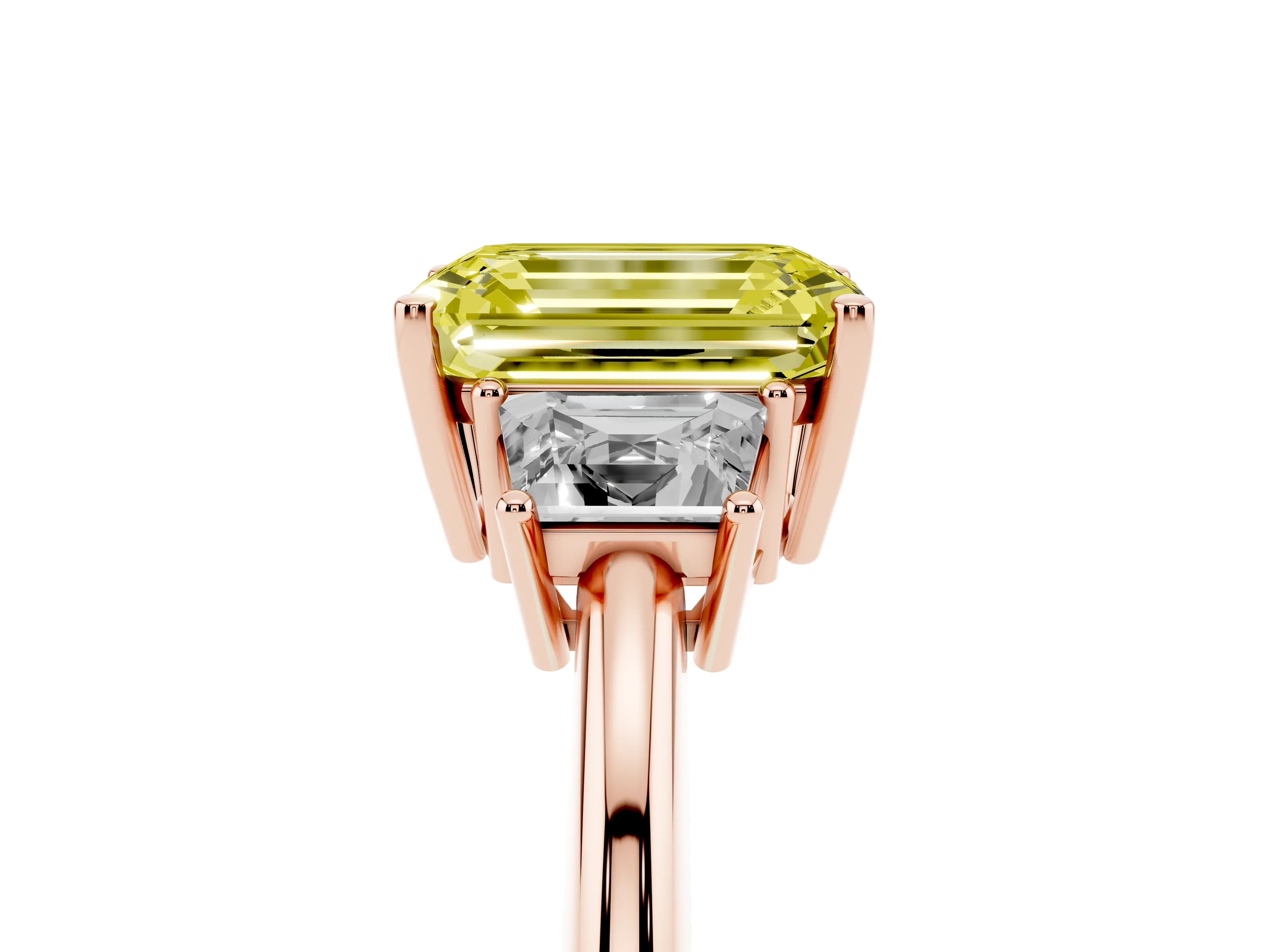 Fancy Yellow Emerald Cut Diamond Three-Stone Ring Set in Rose gold with Trapezoid Side Stones and Prong Setting