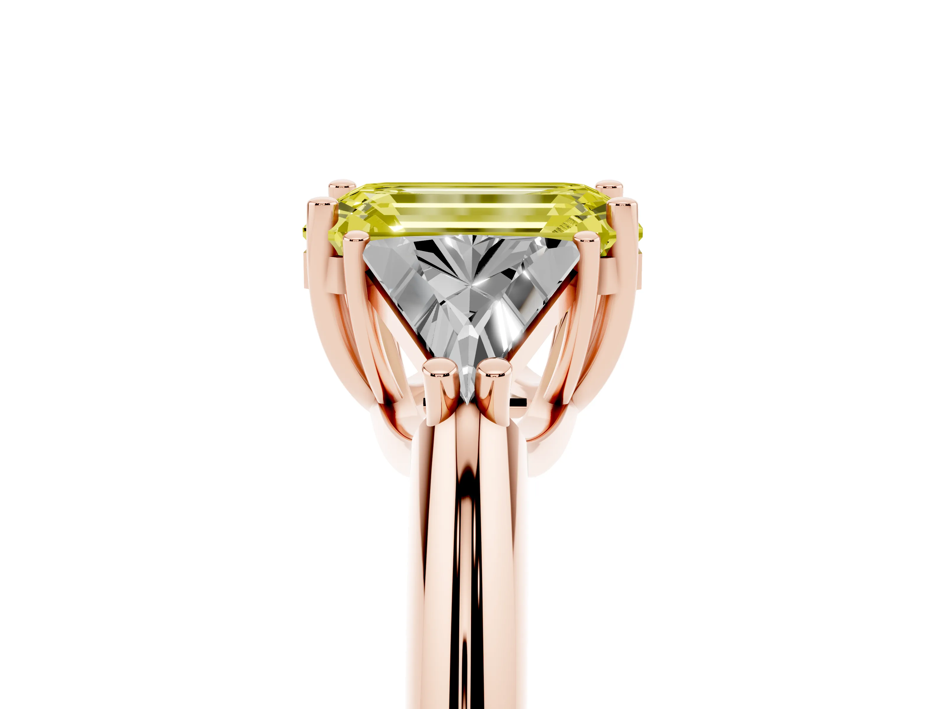 Fancy Yellow Emerald Cut Diamond Three-Stone Engagement Ring Set in Rose gold with Trillion Side Stones