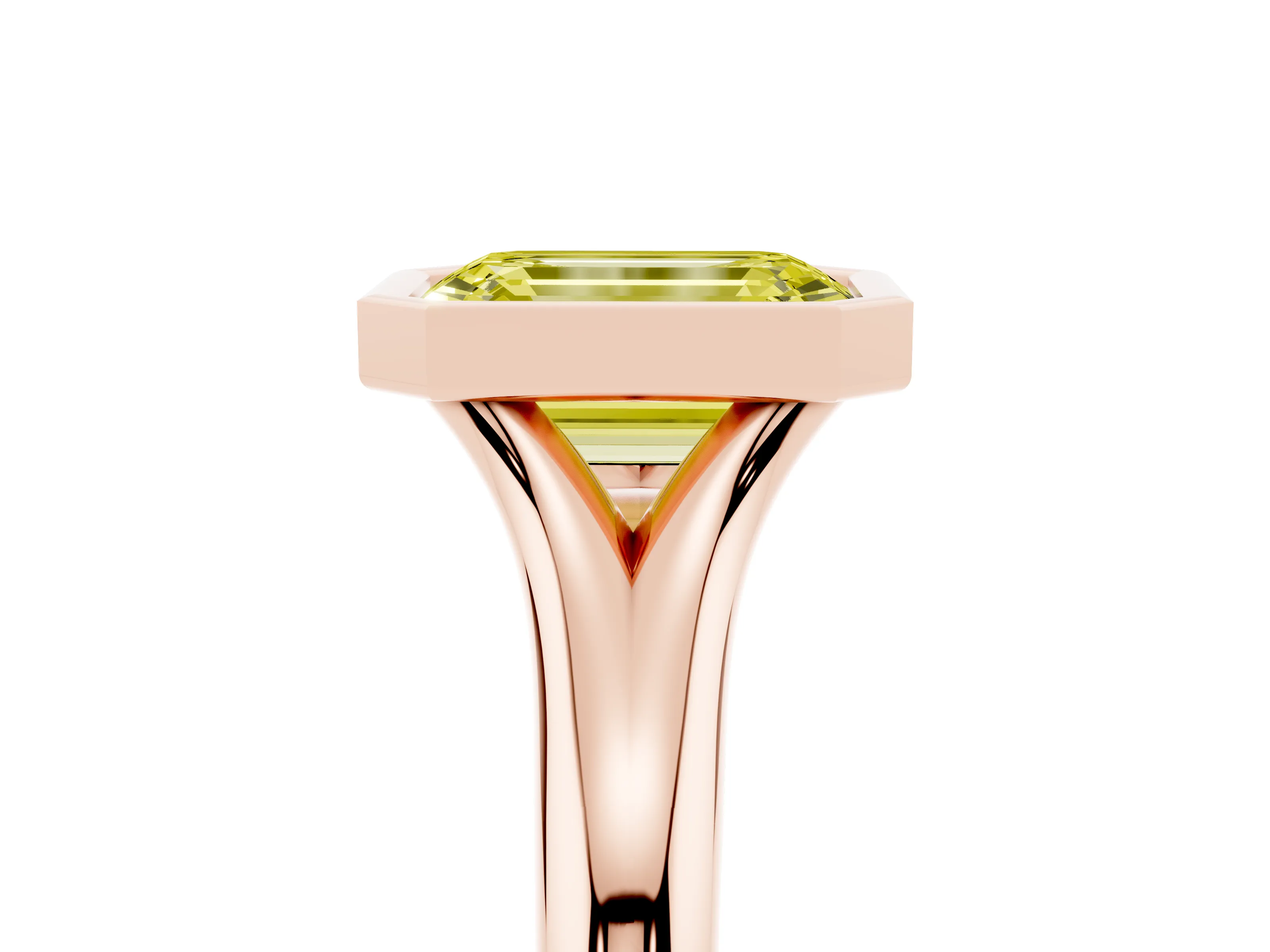 Fancy Yellow Bezel Set Emerald Cut Diamond Solitaire Ring Set in Rose gold with Smooth Band