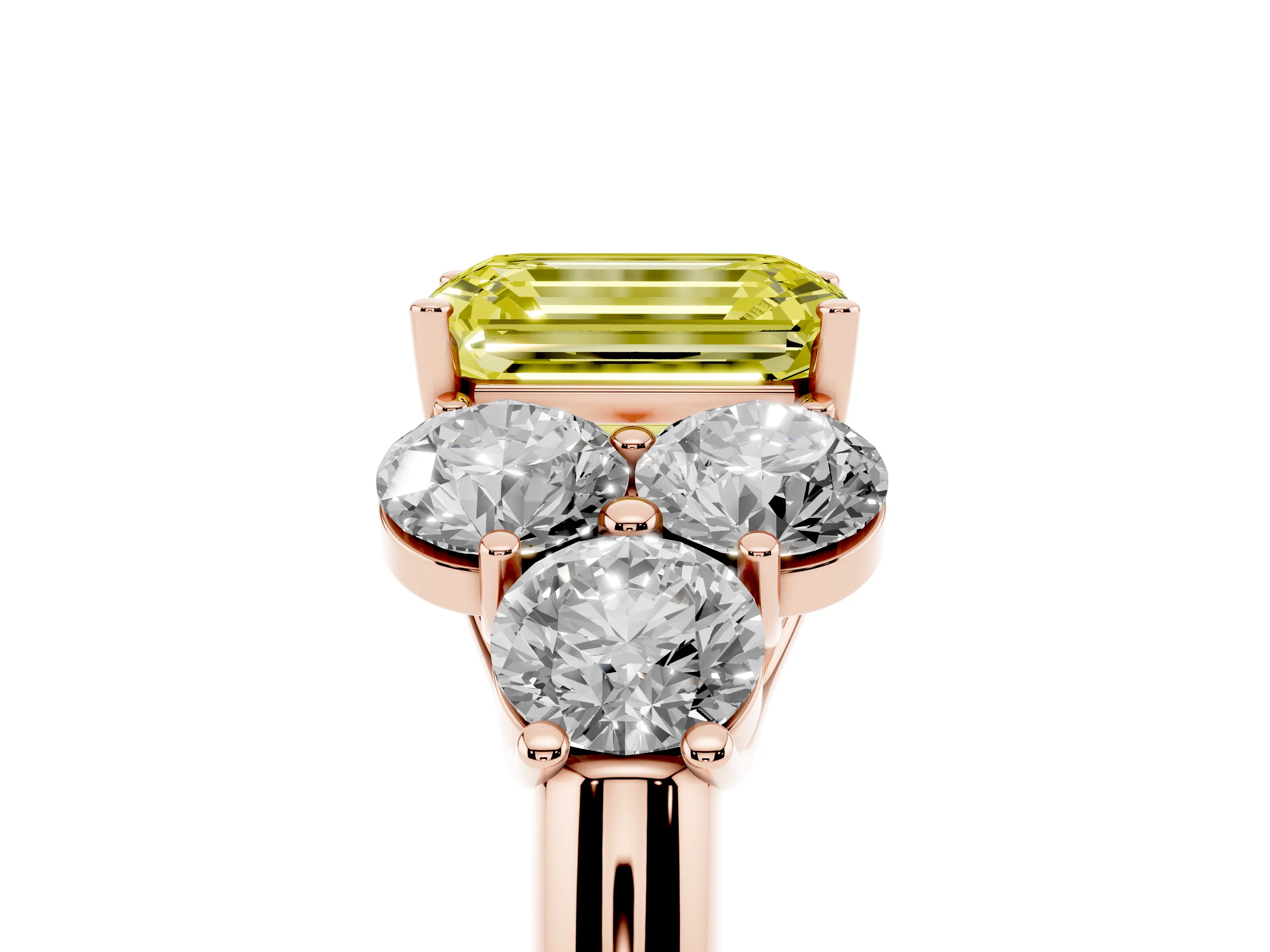 Fancy Yellow Emerald Cut Diamond Cluster Ring Set in Rose gold with Round Accent Stones and Prong Setting on a Plain Band