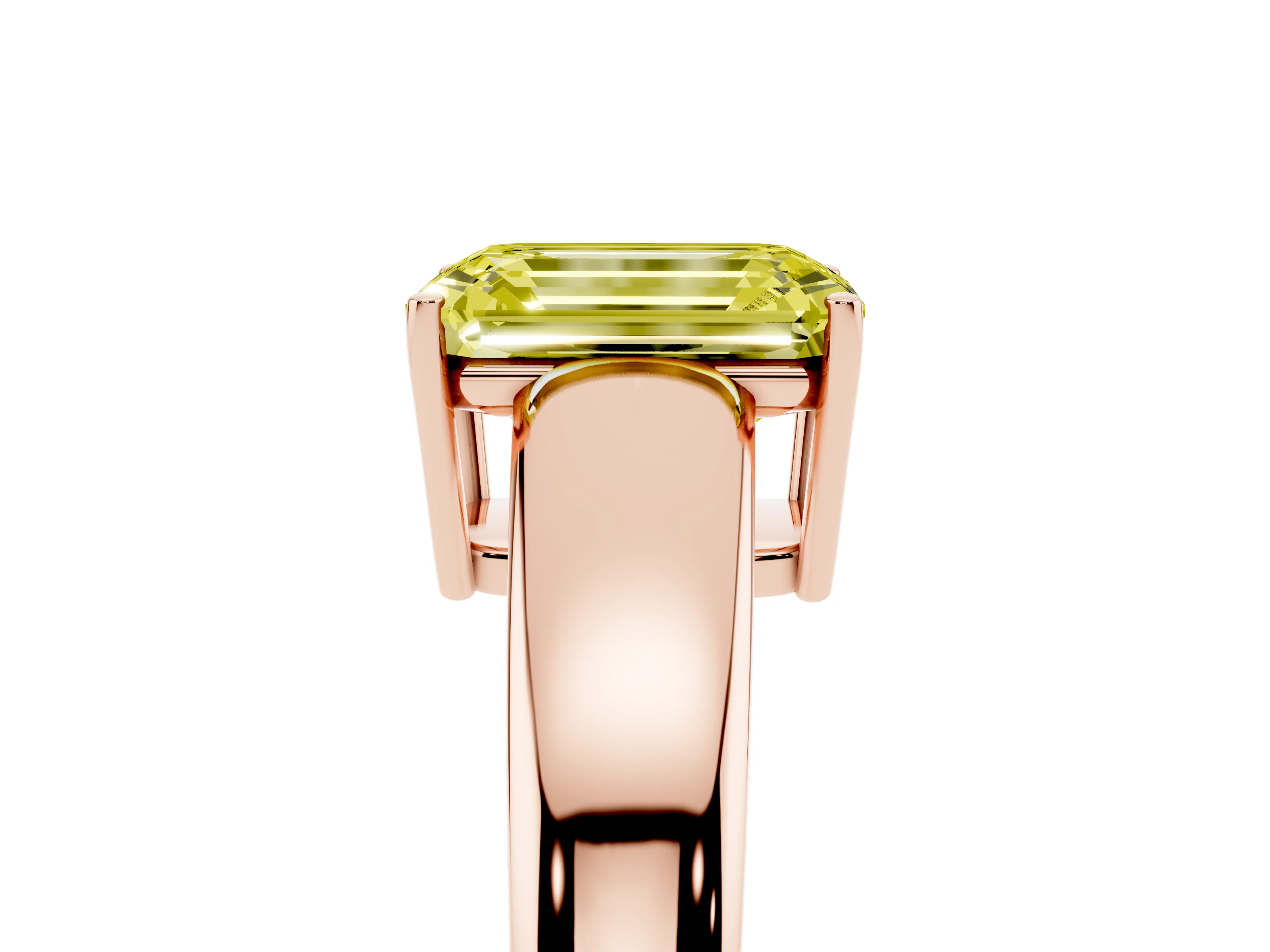 Fancy Yellow Emerald Cut Diamond Solitaire Ring Set in Rose gold with Tapered Band and Prong Setting