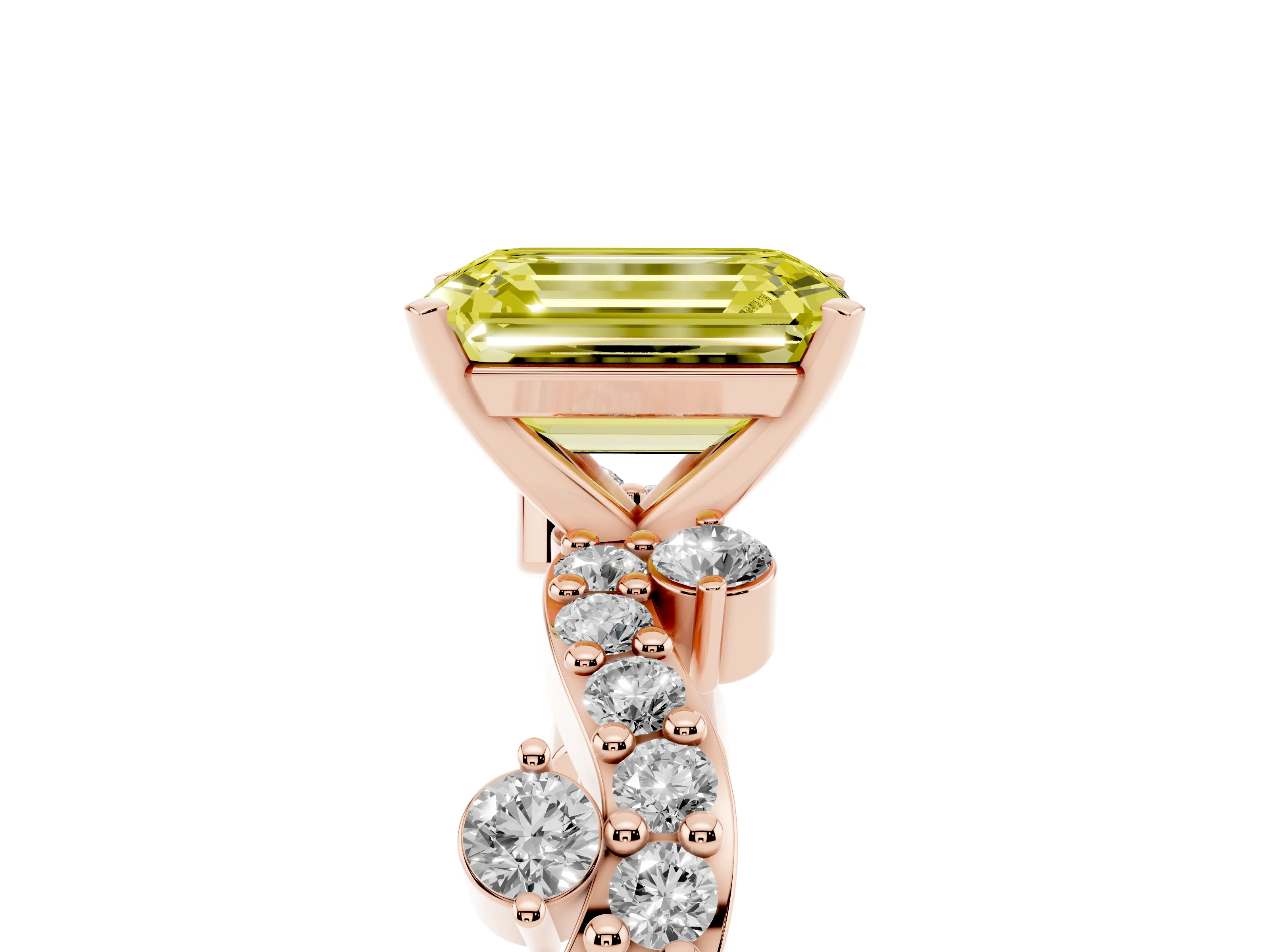 Fancy Yellow Emerald Cut Diamond Solitaire Twisted Band Set in Rose gold with Pavé Setting