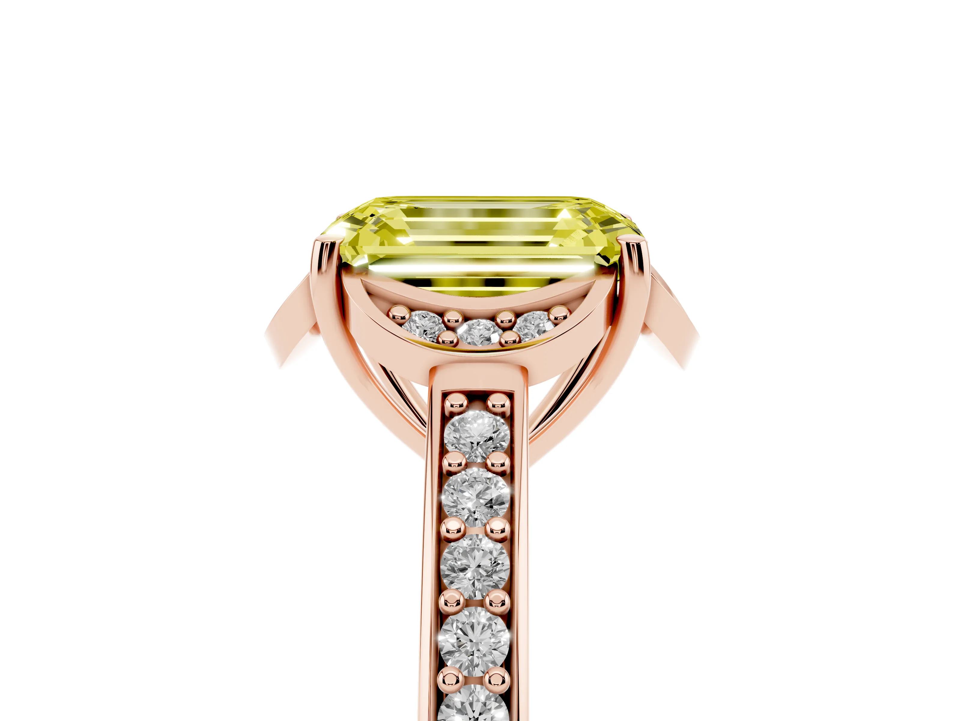 Fancy Yellow Emerald Cut Diamond Halo Ring Set in Rose gold with Channel Set Band and Prong Setting