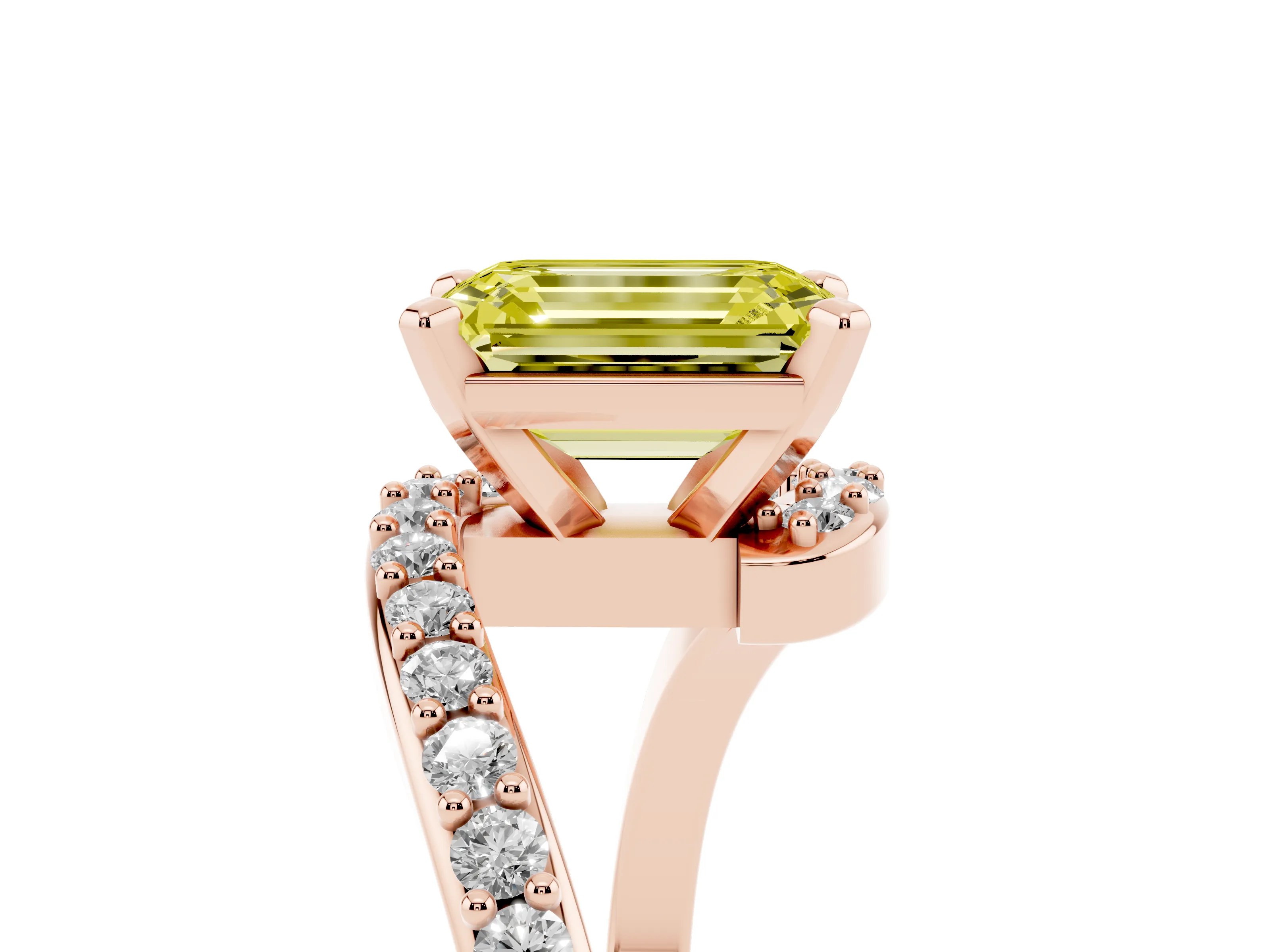 Fancy Yellow Emerald Cut Diamond Solitaire Ring Set in Rose gold with Pavé Twist Band and Prong Setting