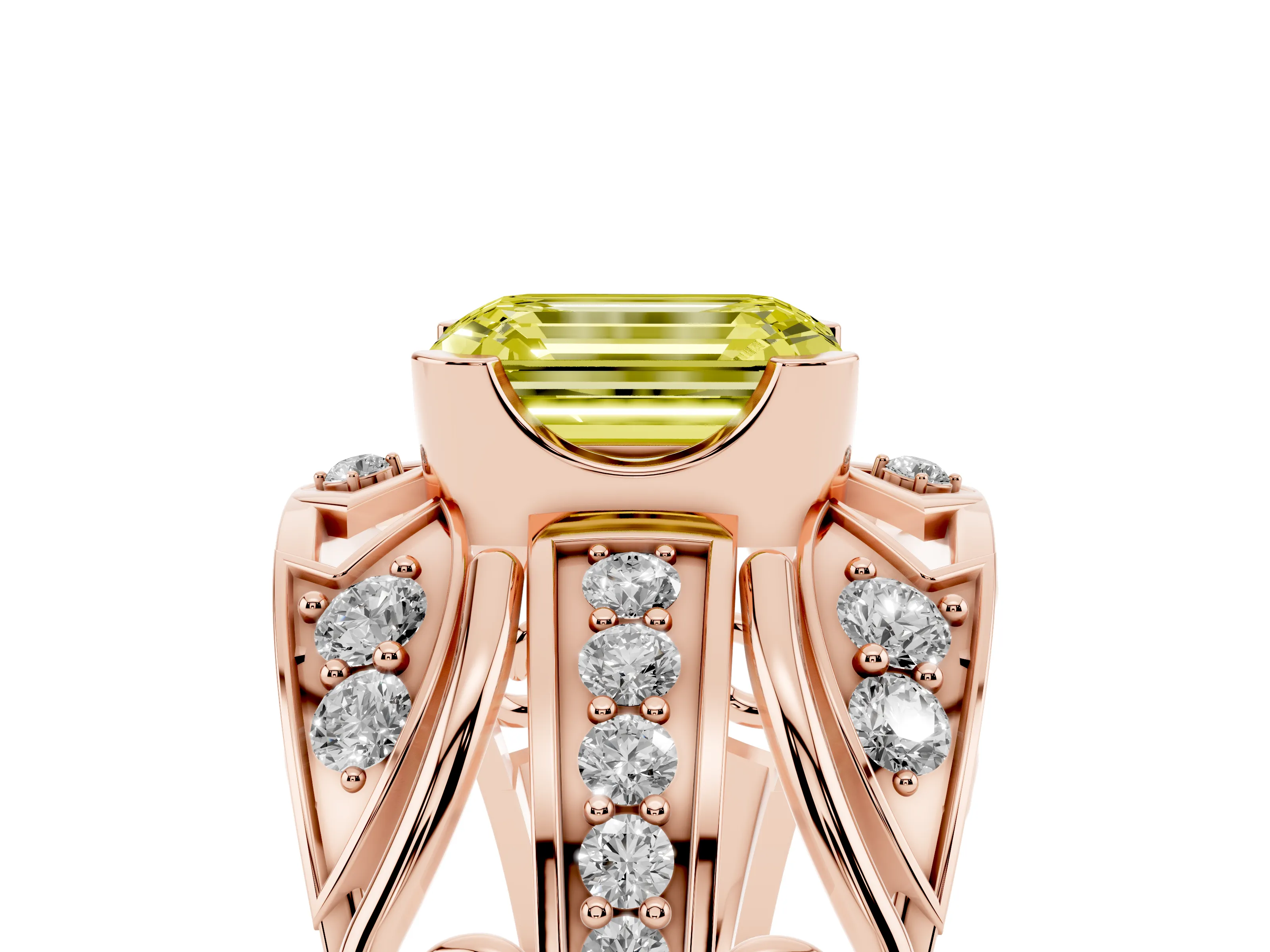 Fancy Yellow Emerald Cut Diamond Art Deco Ring Set in Rose gold with Pavé Split Shank