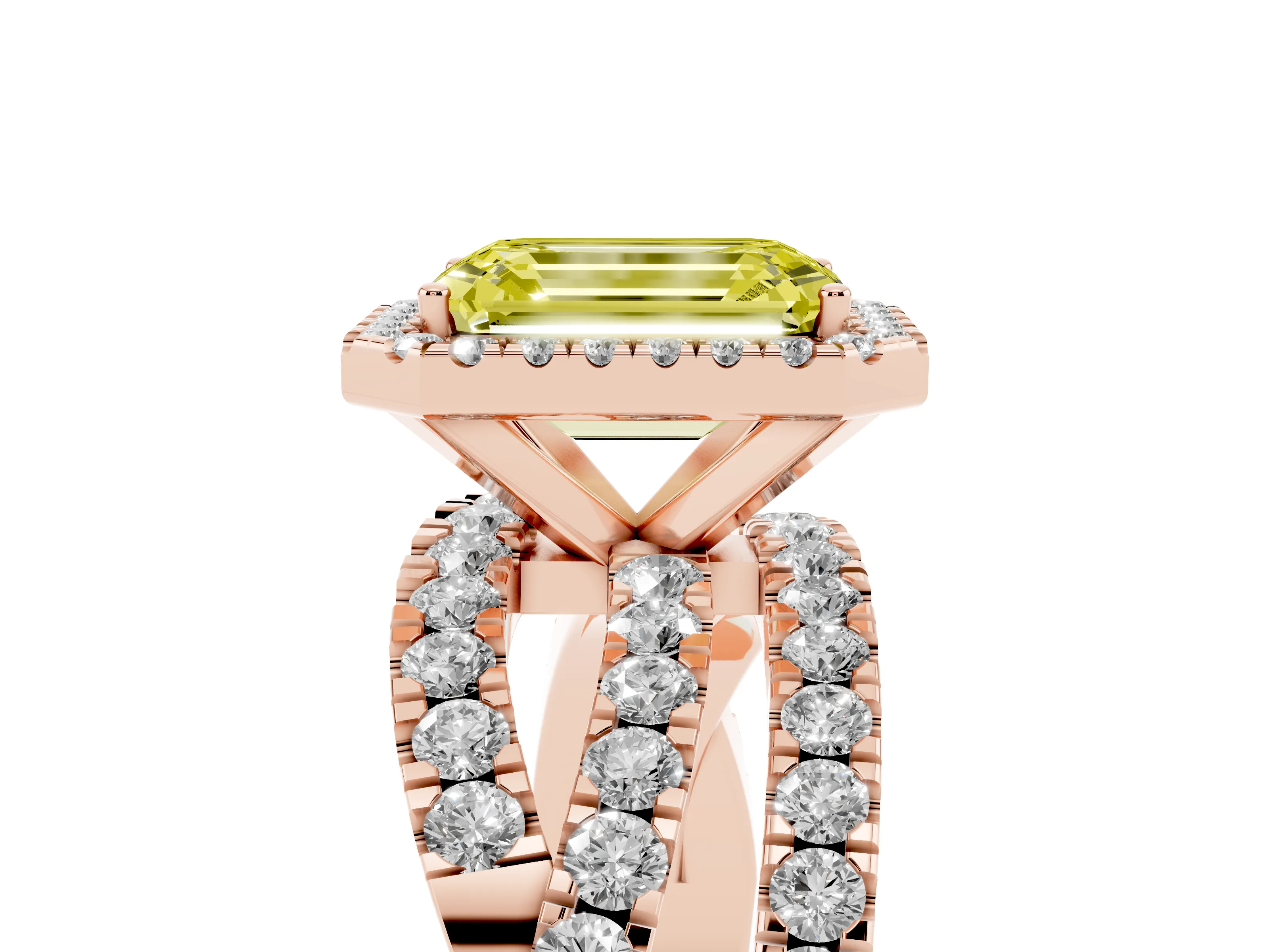 Fancy Yellow Emerald Cut Diamond Halo Ring Set in Rose gold with Round Crossover Split Shank and Prong Setting