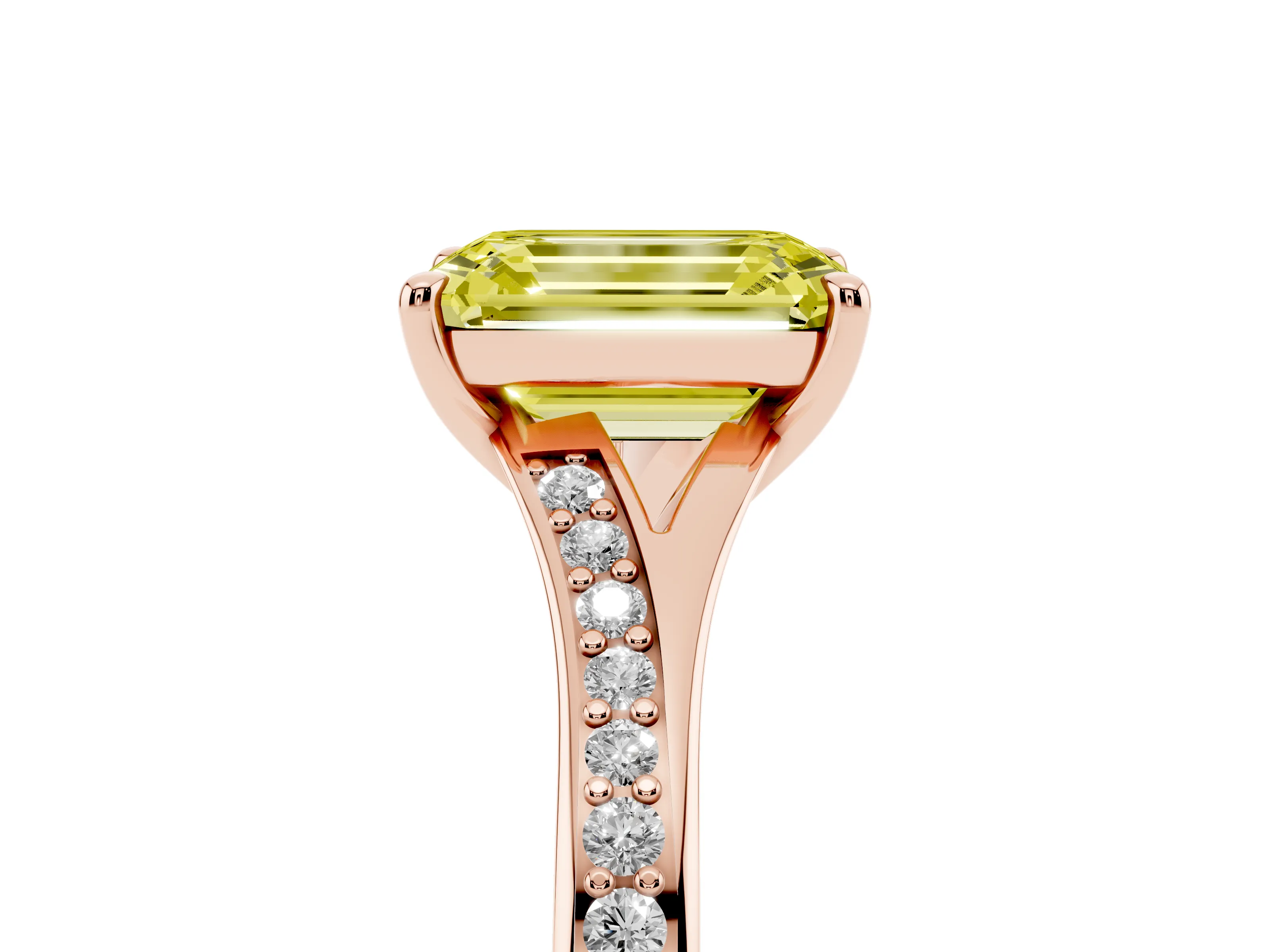 Fancy Yellow Emerald Cut Diamond Solitaire Ring Set in Rose gold with Pavé Accent Band and Classic Prong Setting