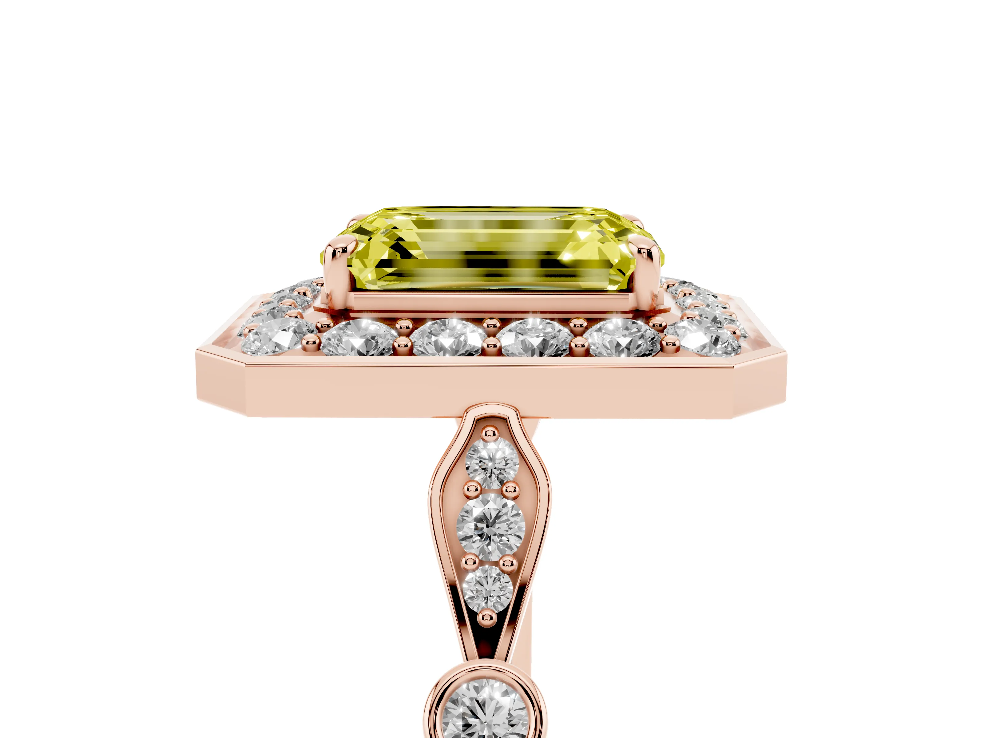 Fancy Yellow Emerald Cut Diamond Halo Engagement Ring Set in Rose gold with Twisted Band and Prong Setting