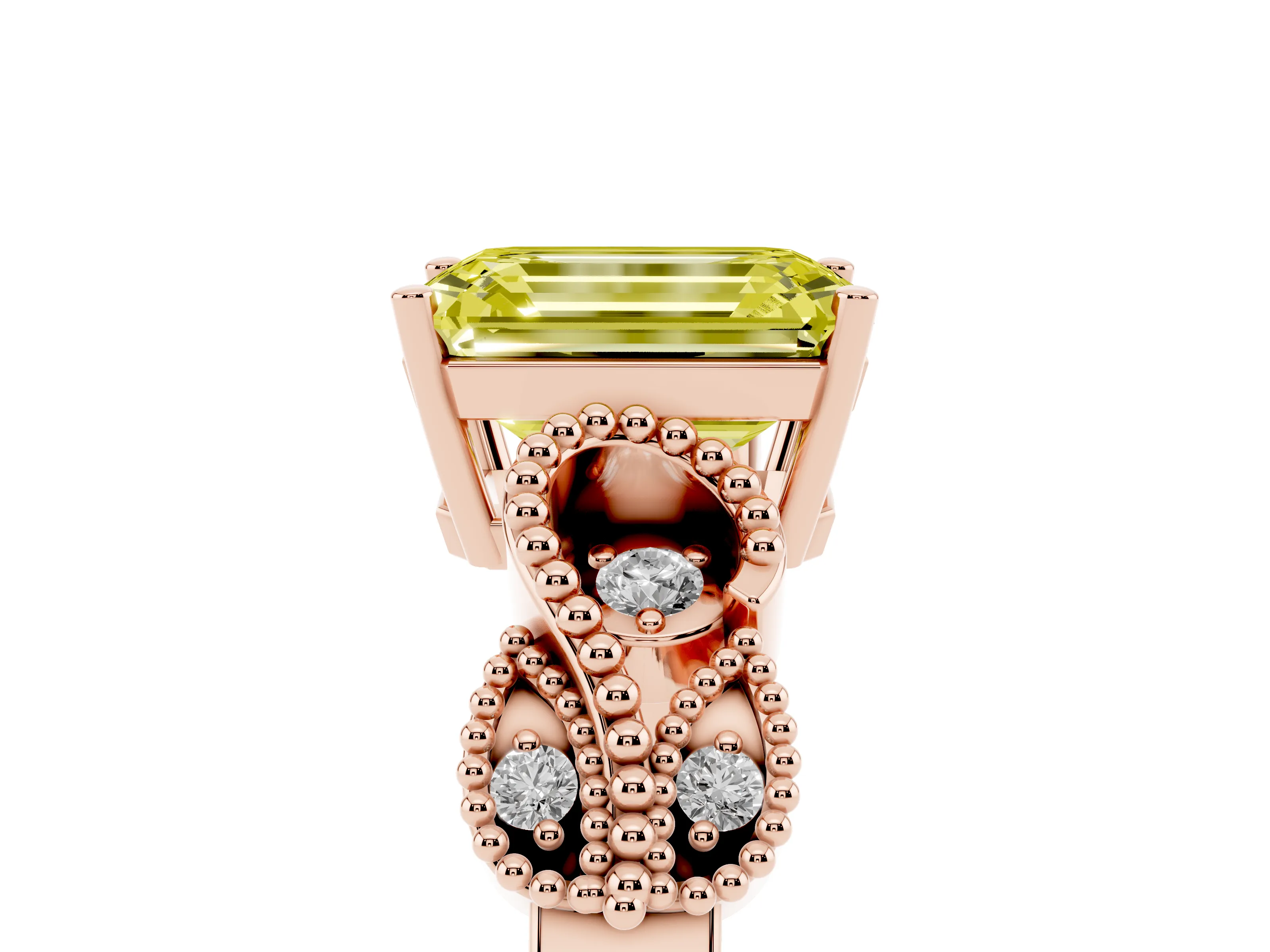 Fancy Yellow Emerald Cut Diamond Milgrain Leaf Band Solitaire Ring Set in Rose gold with Accent Stones and Prong Setting
