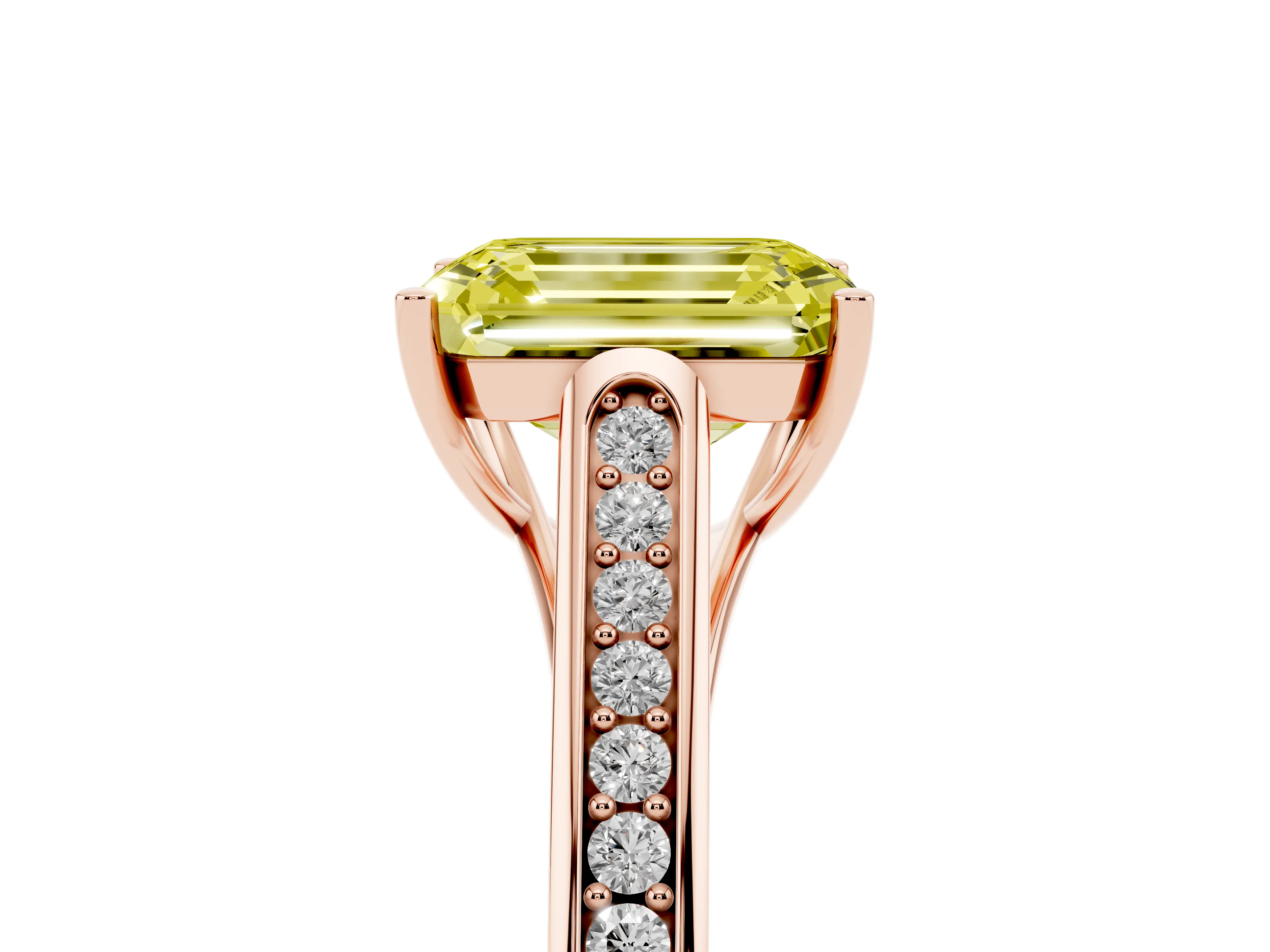 Fancy Yellow Emerald Cut Diamond Solitaire Cathedral Engagement Ring Set in Rose gold with Channel-Set Band and Prong Setting
