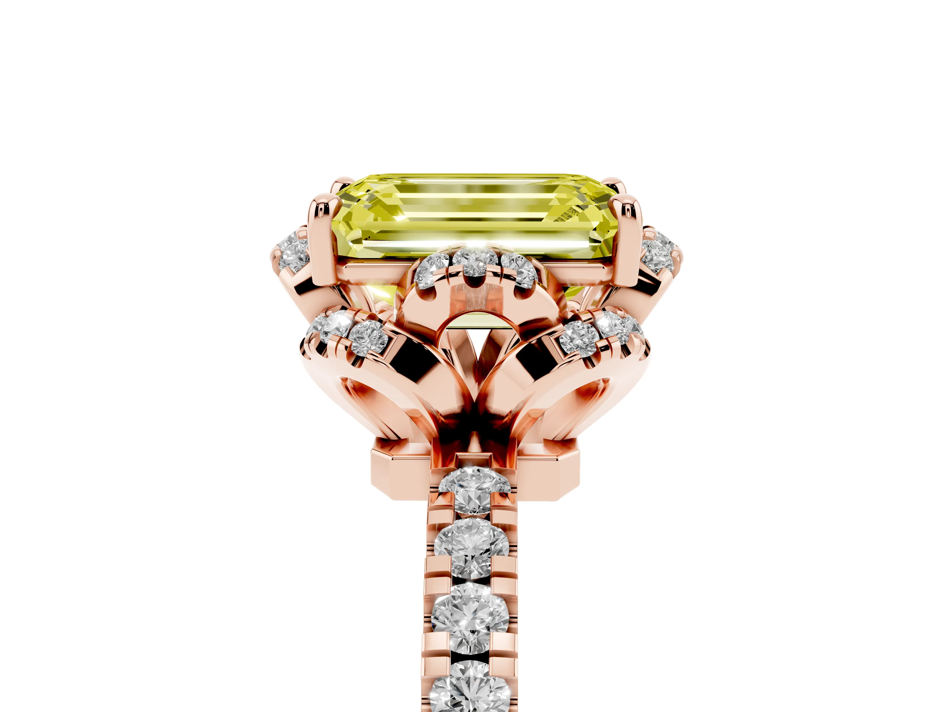 Fancy Yellow Emerald Cut Diamond Halo Pavé Band Ring Set in Rose gold with Prong-Held Center