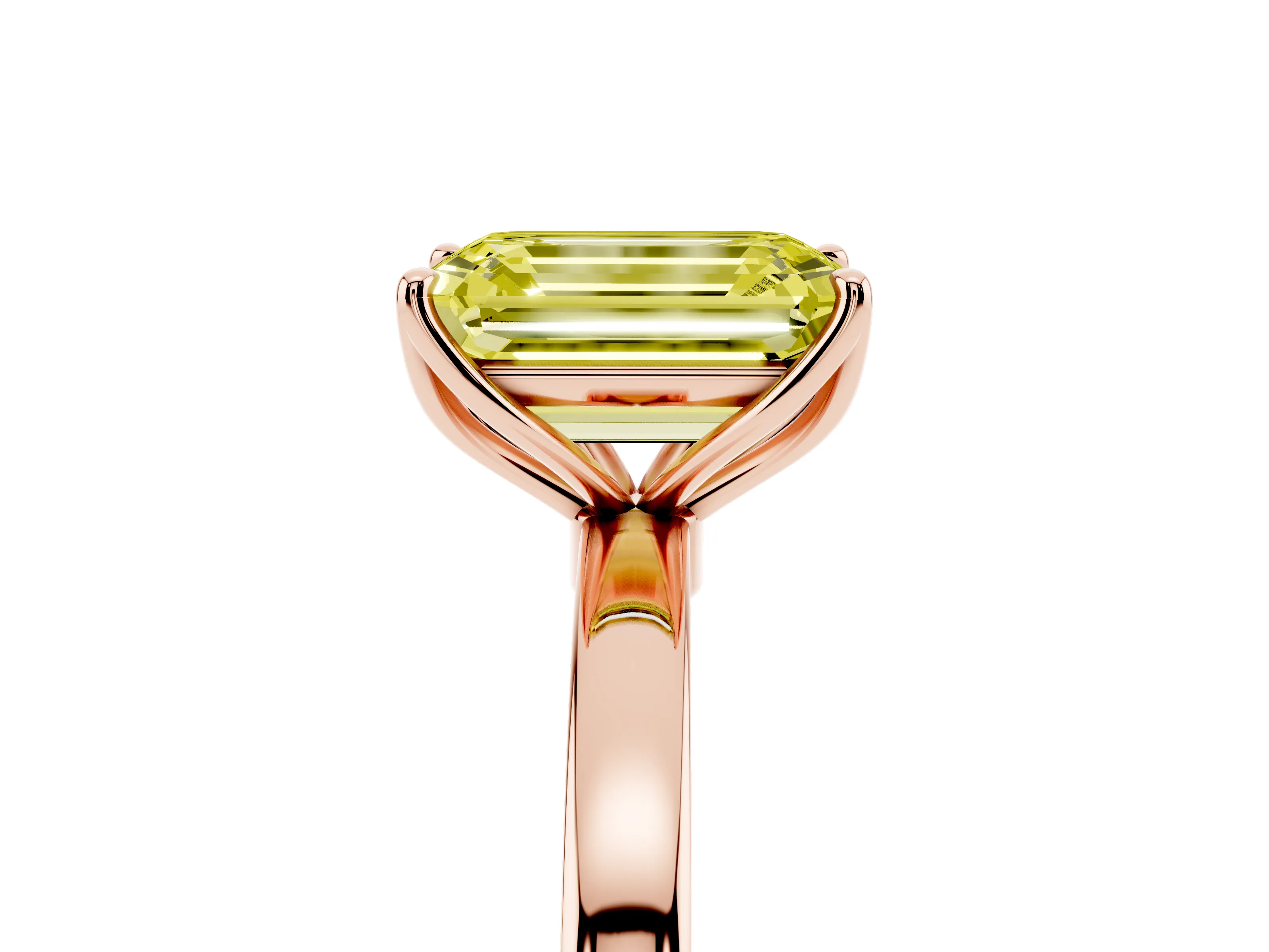Fancy Yellow Emerald Cut Diamond Solitaire Ring Set in Rose gold with Prong Setting and Thin Polished Band