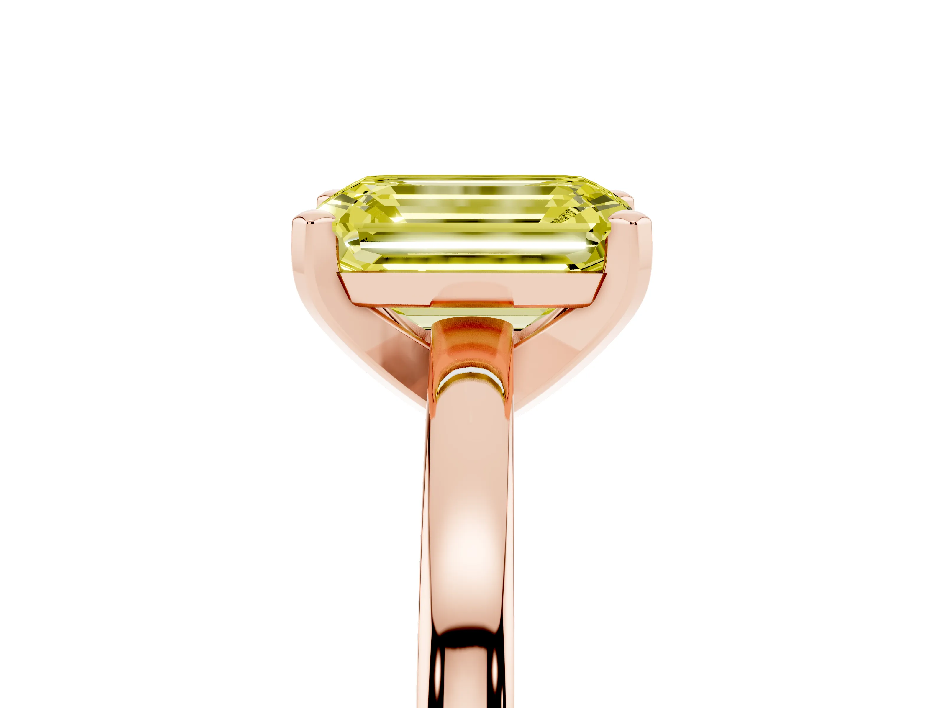 Fancy Yellow Emerald Cut Diamond Solitaire Engagement Ring Set in Rose gold with Prong Setting on a Classic Band