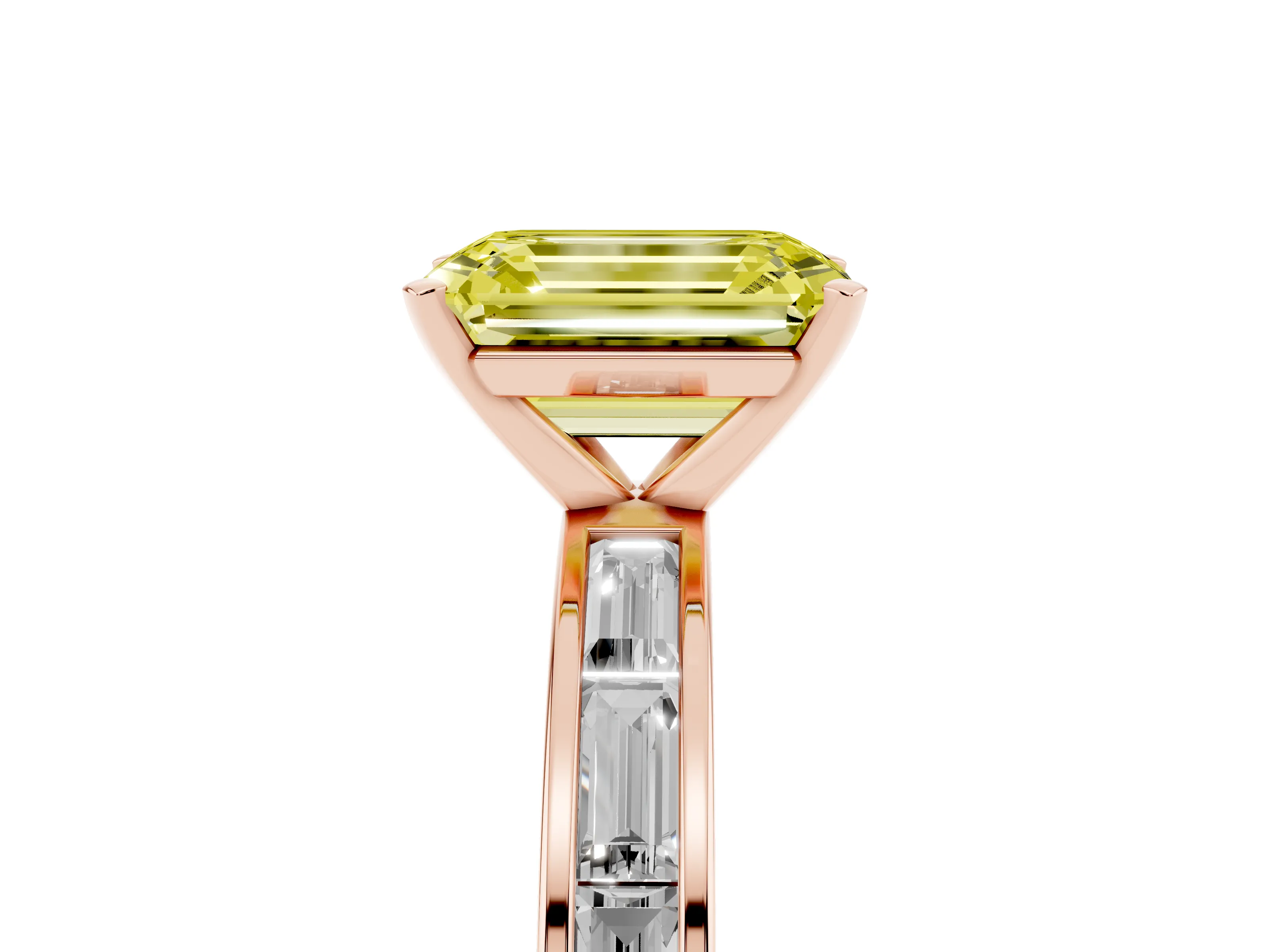 Fancy Yellow Emerald Cut Diamond Solitaire Ring Set in Rose gold with Channel-Set Baguette Band and Prong Setting