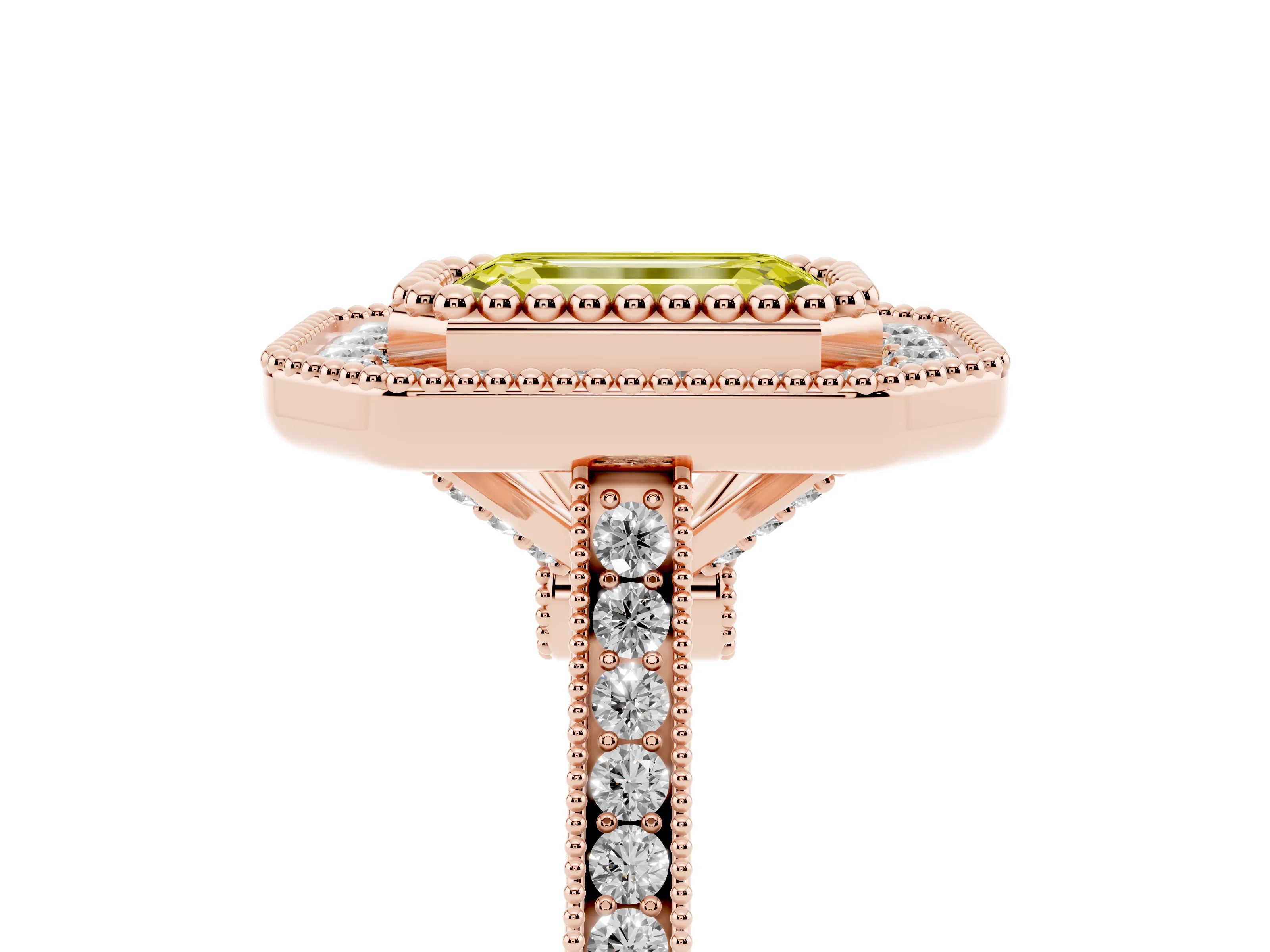 Fancy Yellow Emerald Cut Diamond Halo Ring Set in Rose gold with Milgrain Frame and Pavé Band