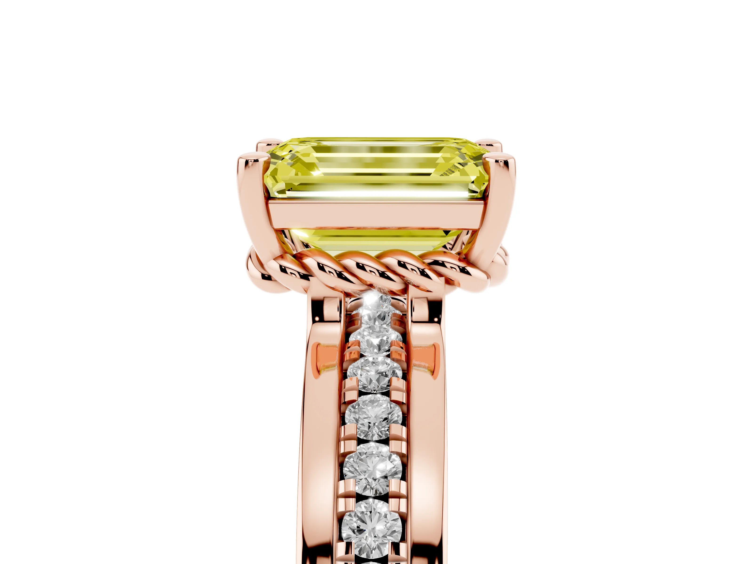 Fancy Yellow Emerald Cut Diamond Solitaire Ring Set in Rose gold with Channel Set Band and Prong Setting