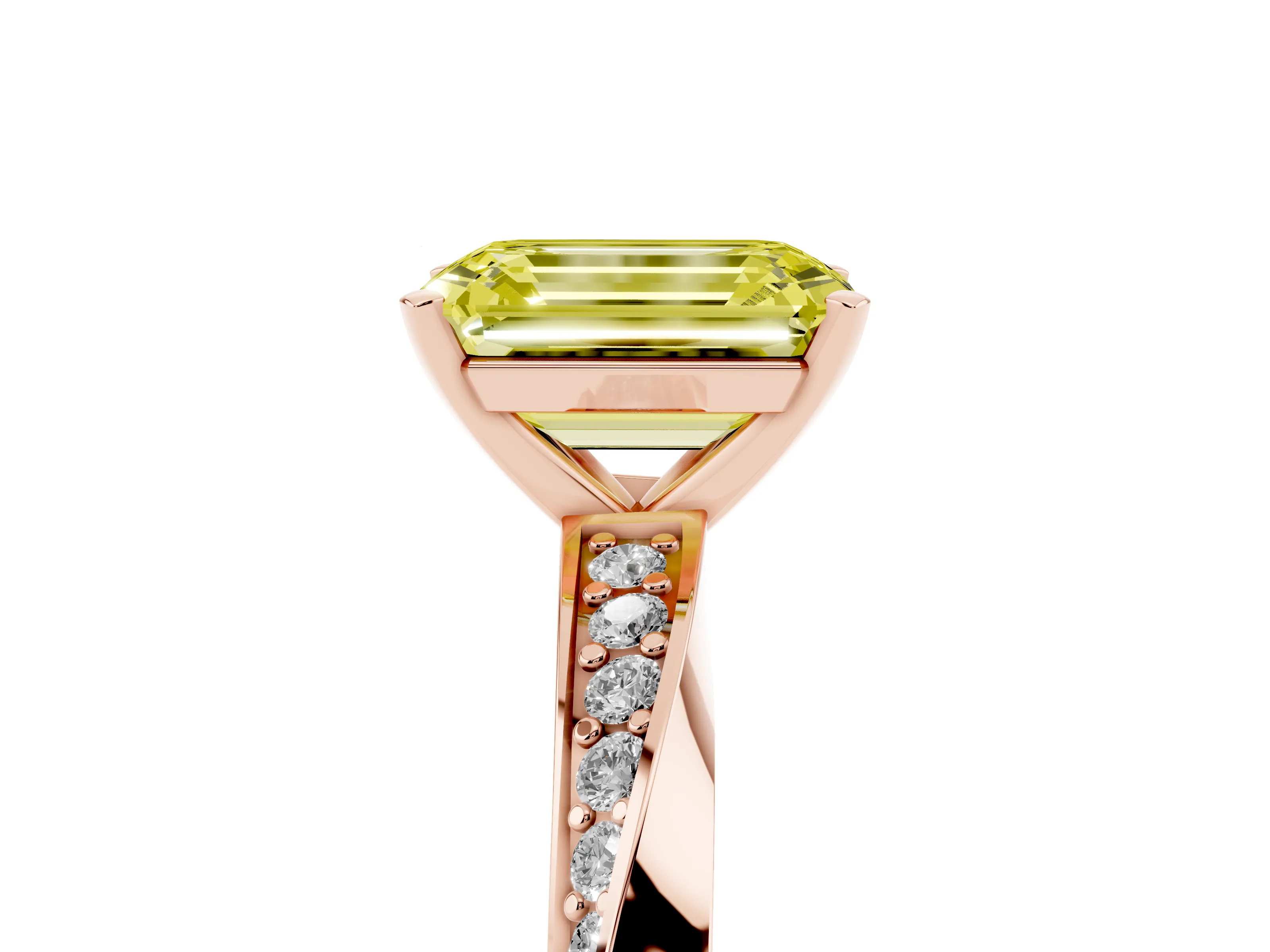 Fancy Yellow Emerald Cut Diamond Engagement Ring Set in Rose gold with Side Stone Accents and Prong Setting
