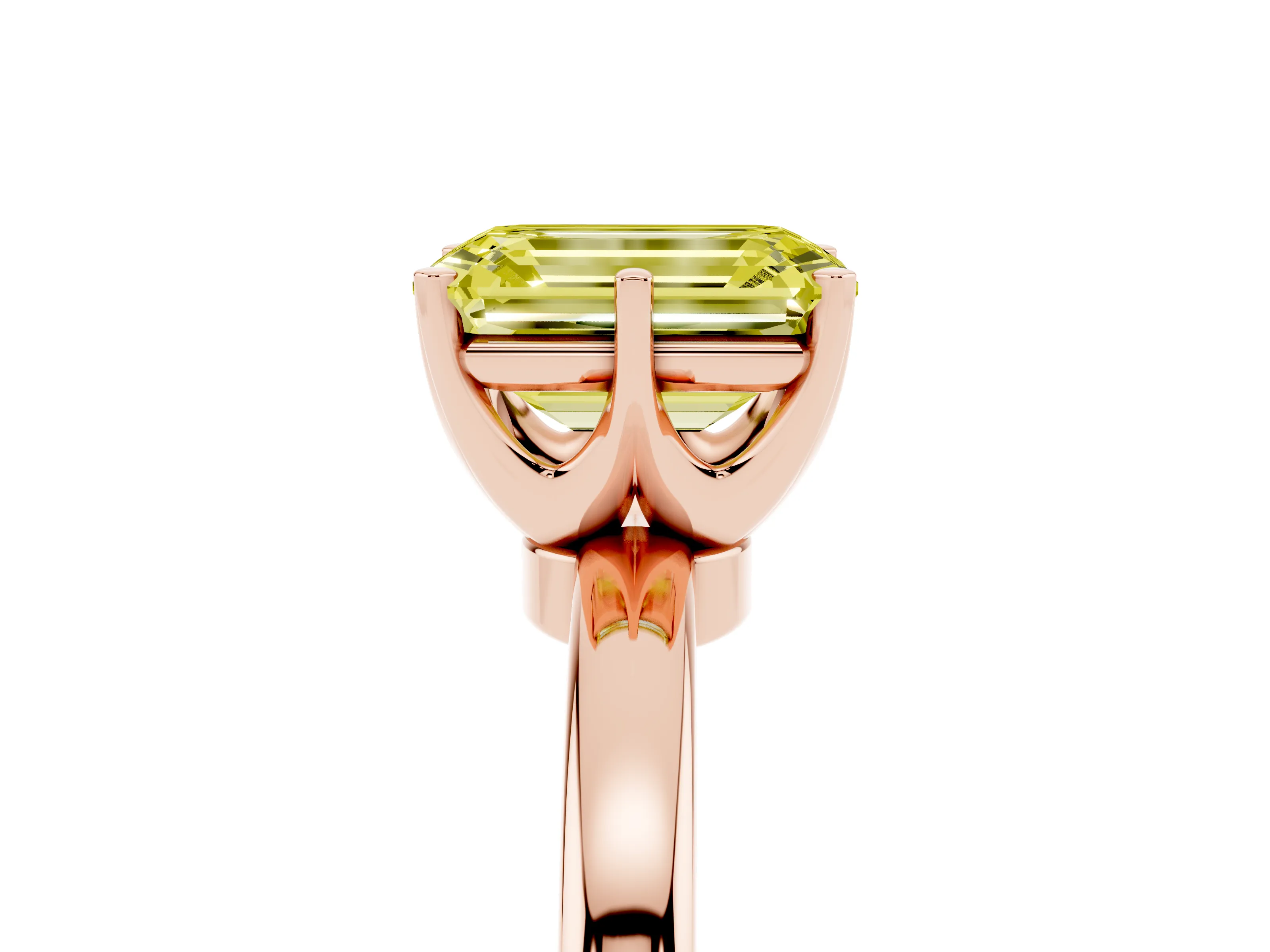 Fancy Yellow Emerald Cut Diamond Solitaire Ring Set in Rose gold with Raised Prong Setting on a Classic Band