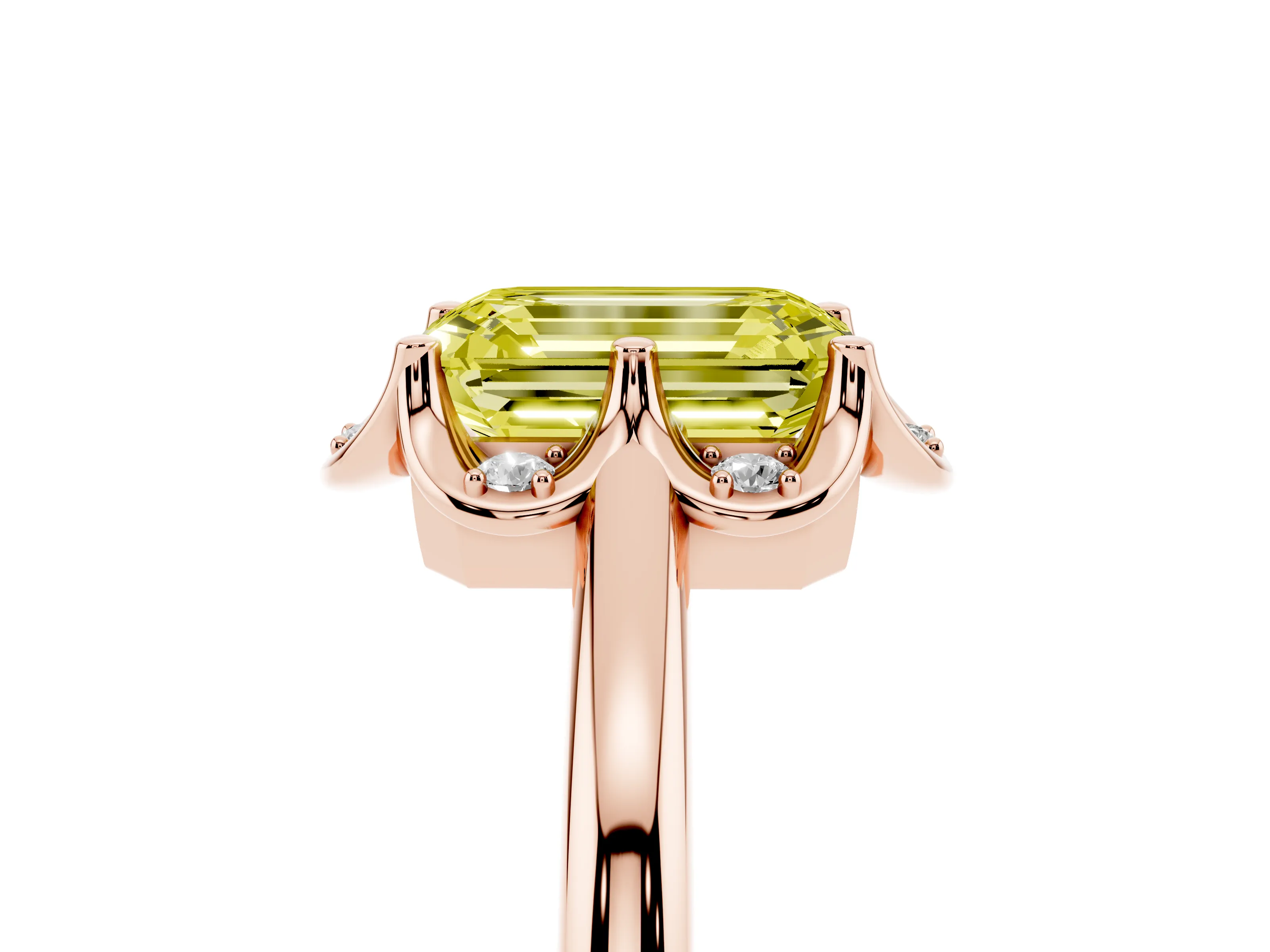 Fancy Yellow Emerald Cut Diamond Round Cluster Halo Ring Set in Rose gold with Solitaire Band and Prong Setting