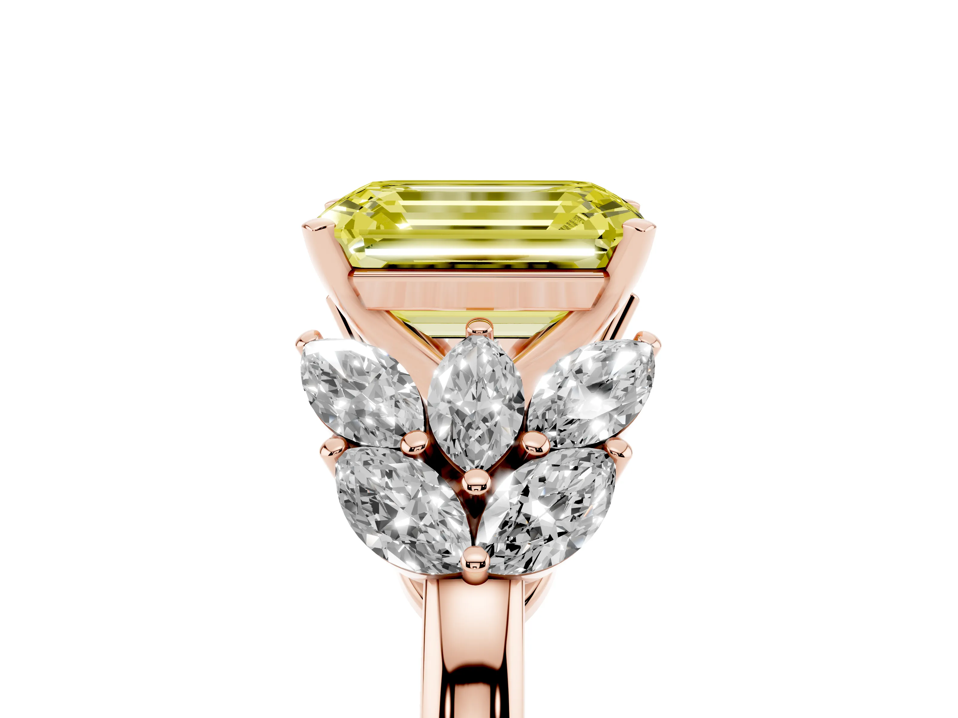 Fancy Yellow Emerald Cut Diamond Cluster Leaf Design Ring Set in Rose gold with Prong Setting