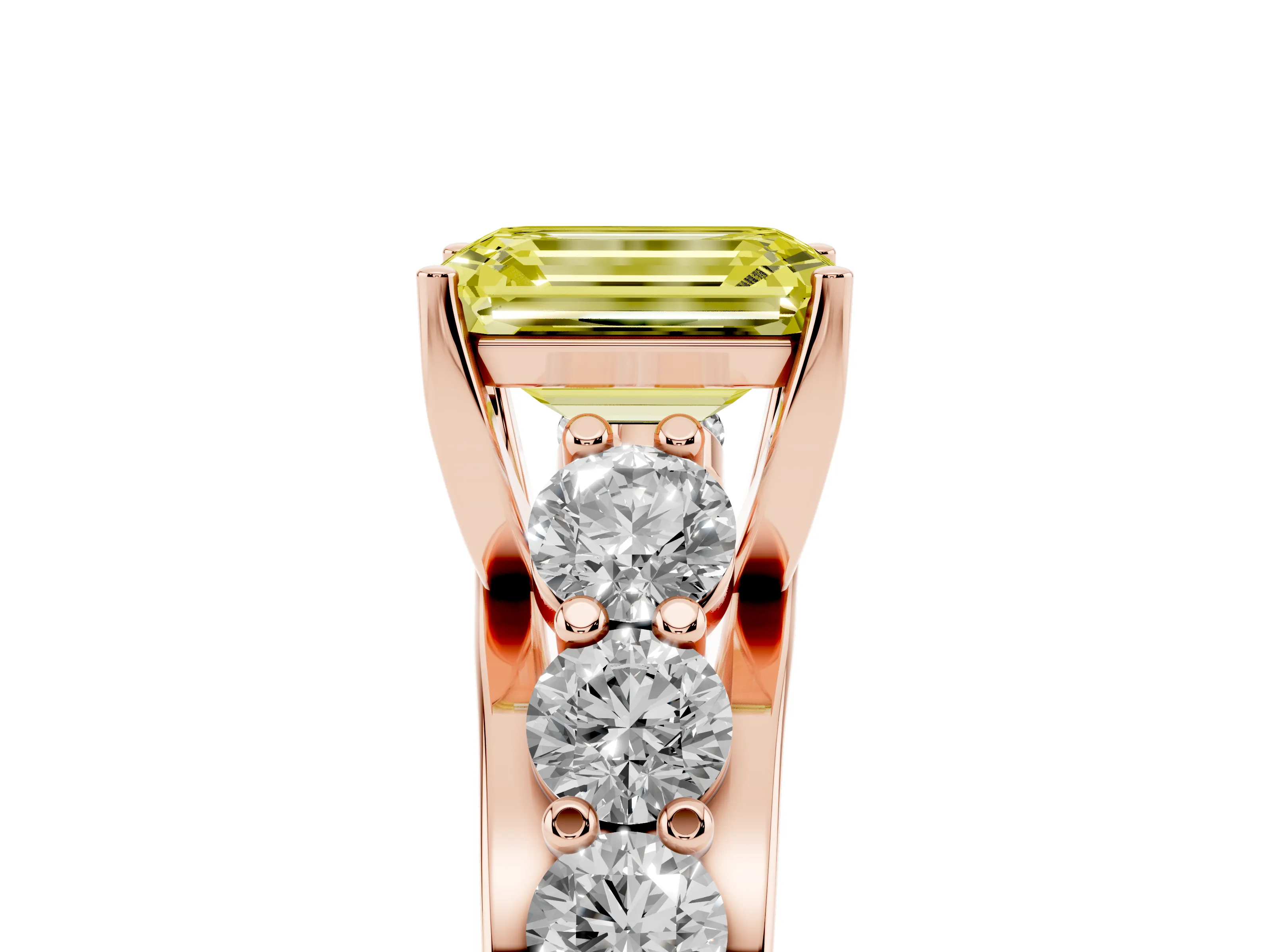 Fancy Yellow Emerald Cut Diamond Pavé Engagement Ring Set in Rose gold with Prong Setting