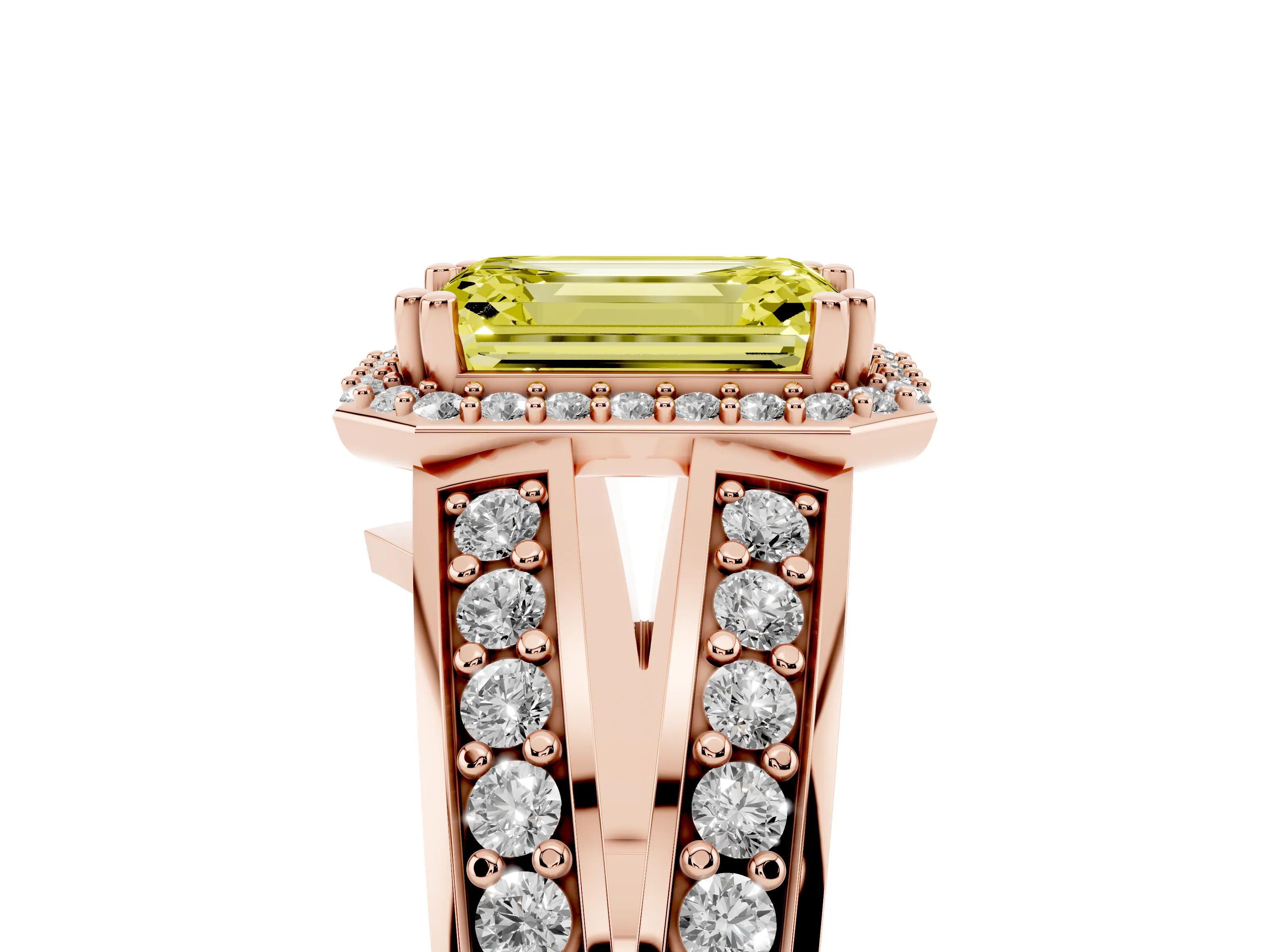 Fancy Yellow Emerald Cut Diamond Halo Ring Set in Rose gold with Double Pavé Split Shank