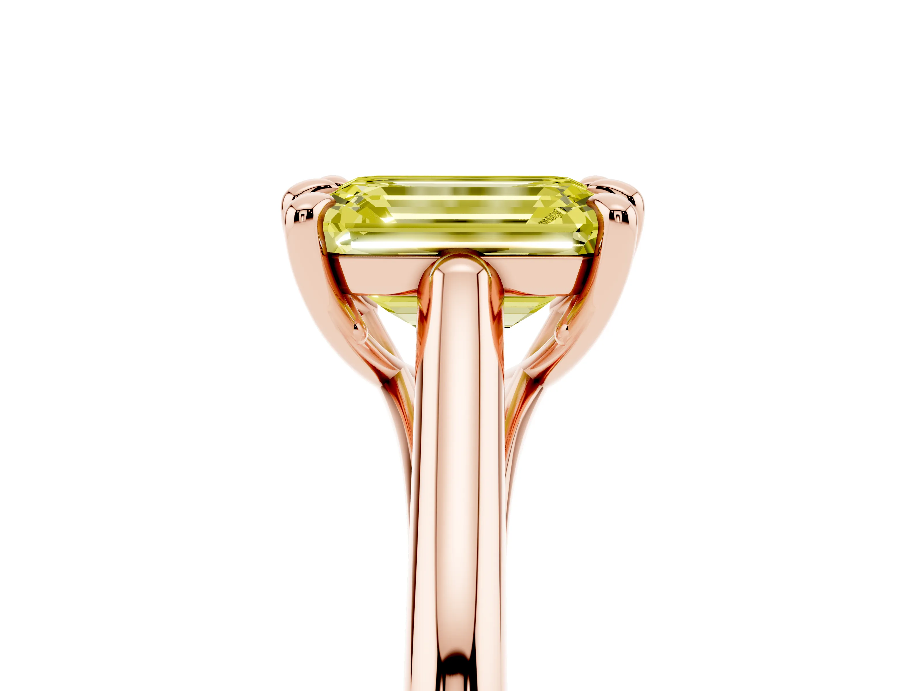 Fancy Yellow Emerald Cut Diamond Solitaire Engagement Ring Set in Rose gold with Prong Setting and Plain Classic Band