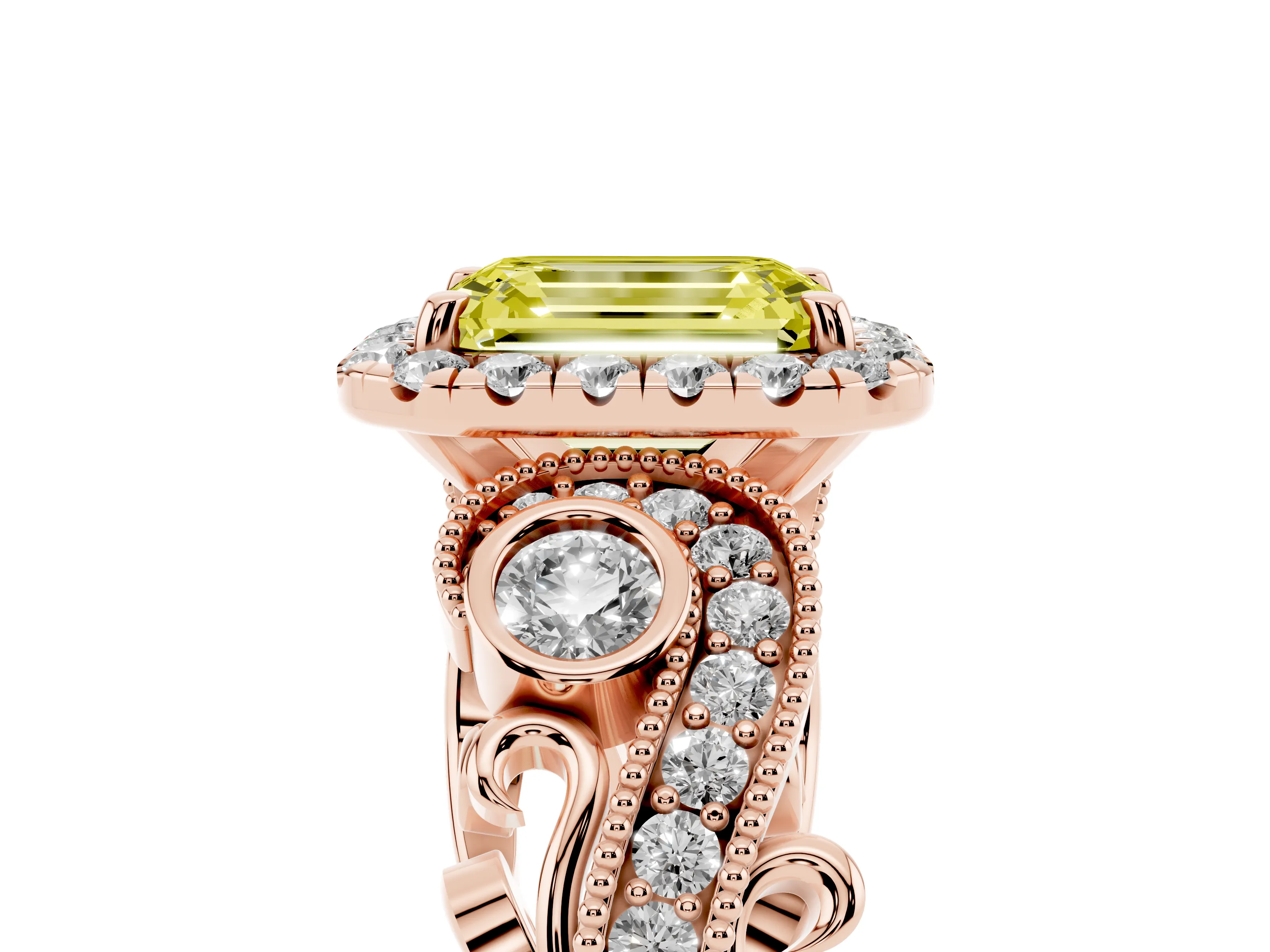 Fancy Yellow Emerald Cut Diamond Halo Ring Set in Rose gold with Milgrain Pavé Band and Prong Setting