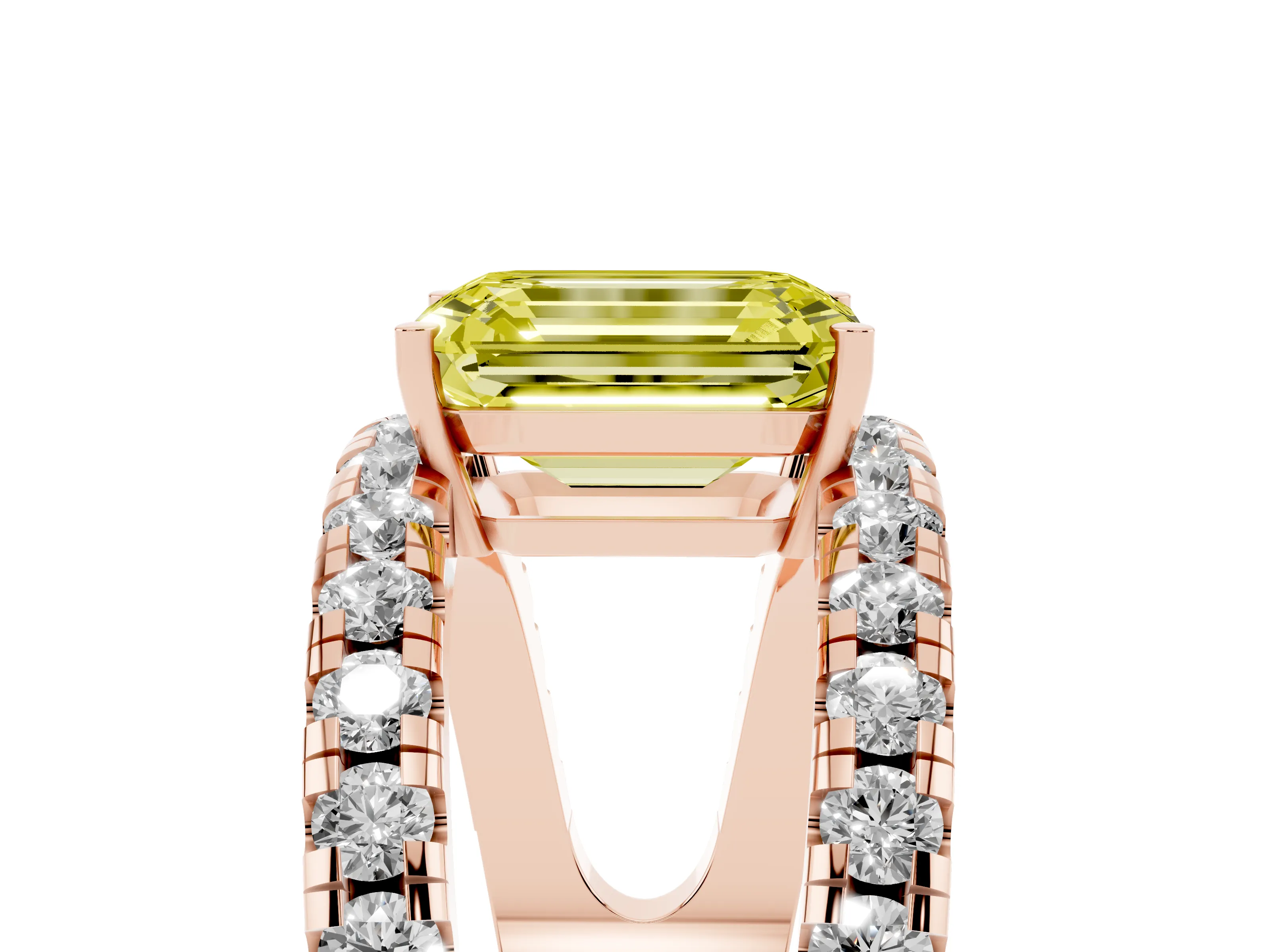 Fancy Yellow Emerald Cut Diamond Split Shank Pavé Solitaire Ring Set in Rose gold with Open Shank Design