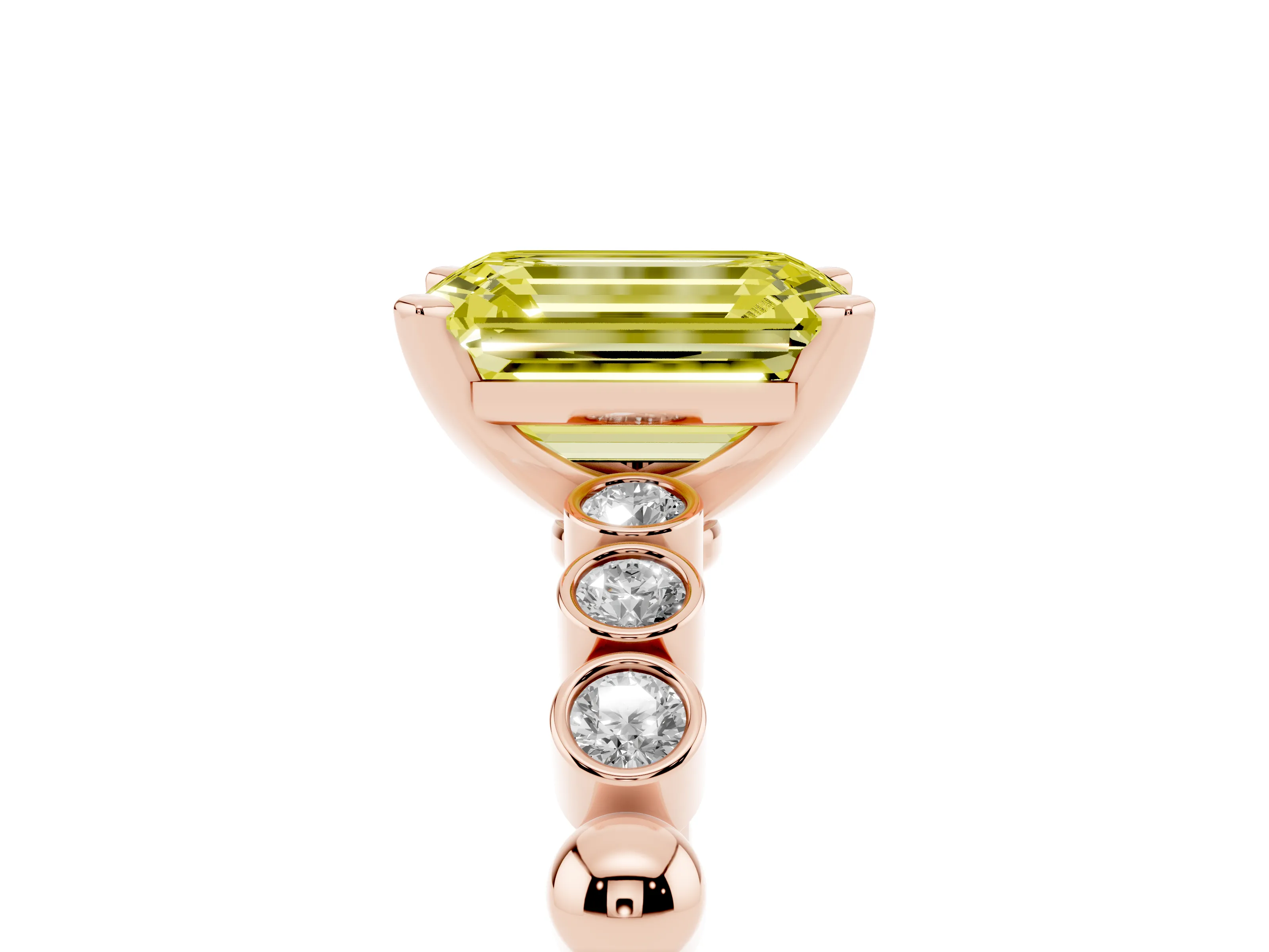 Fancy Yellow Emerald Cut Diamond Solitaire Engagement Ring Set in Rose gold with Bezel Accents on Beaded Band