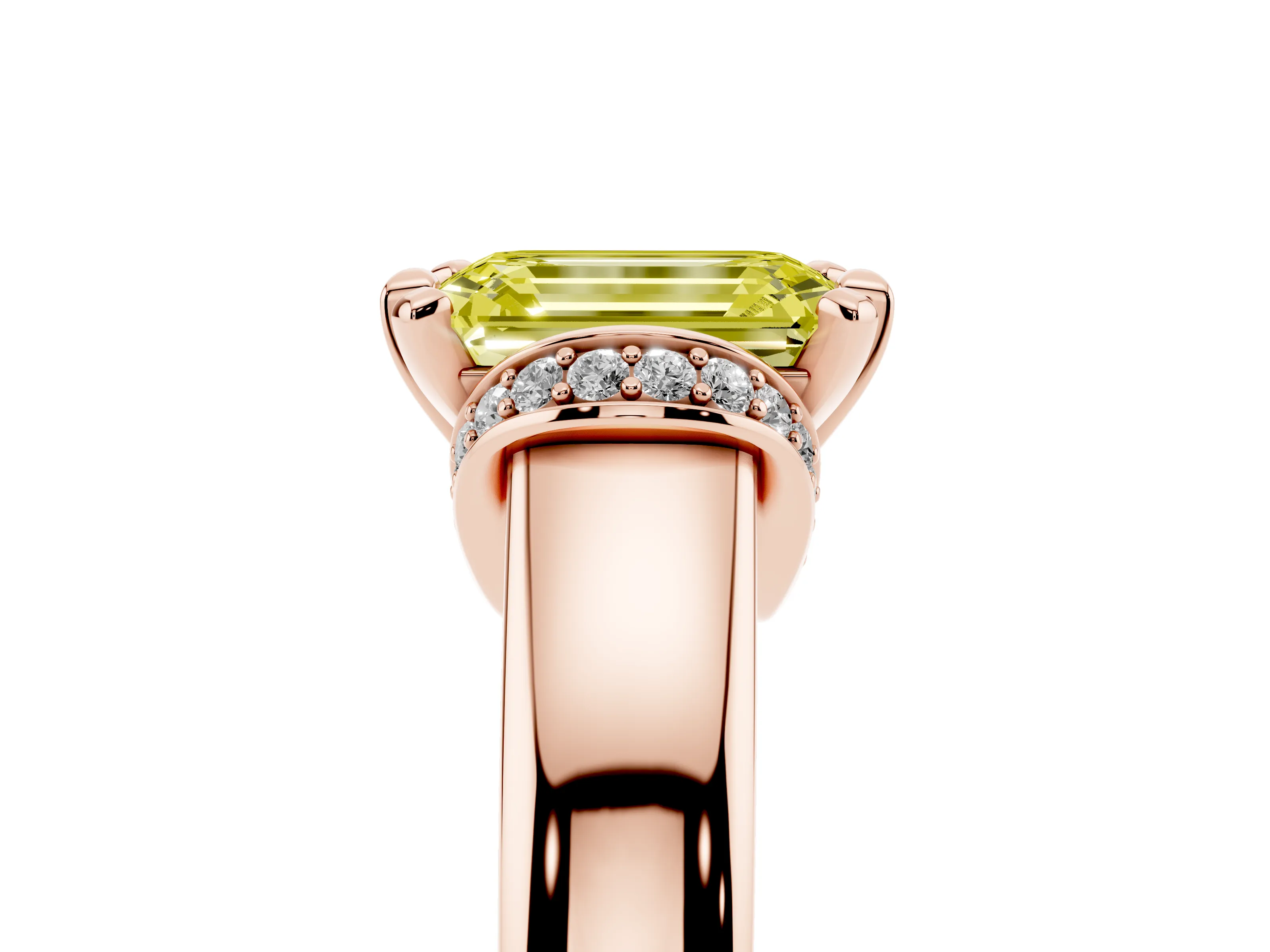 Fancy Yellow Emerald Cut Diamond Pavé Band Solitaire Ring Set in Rose gold with Prong Setting